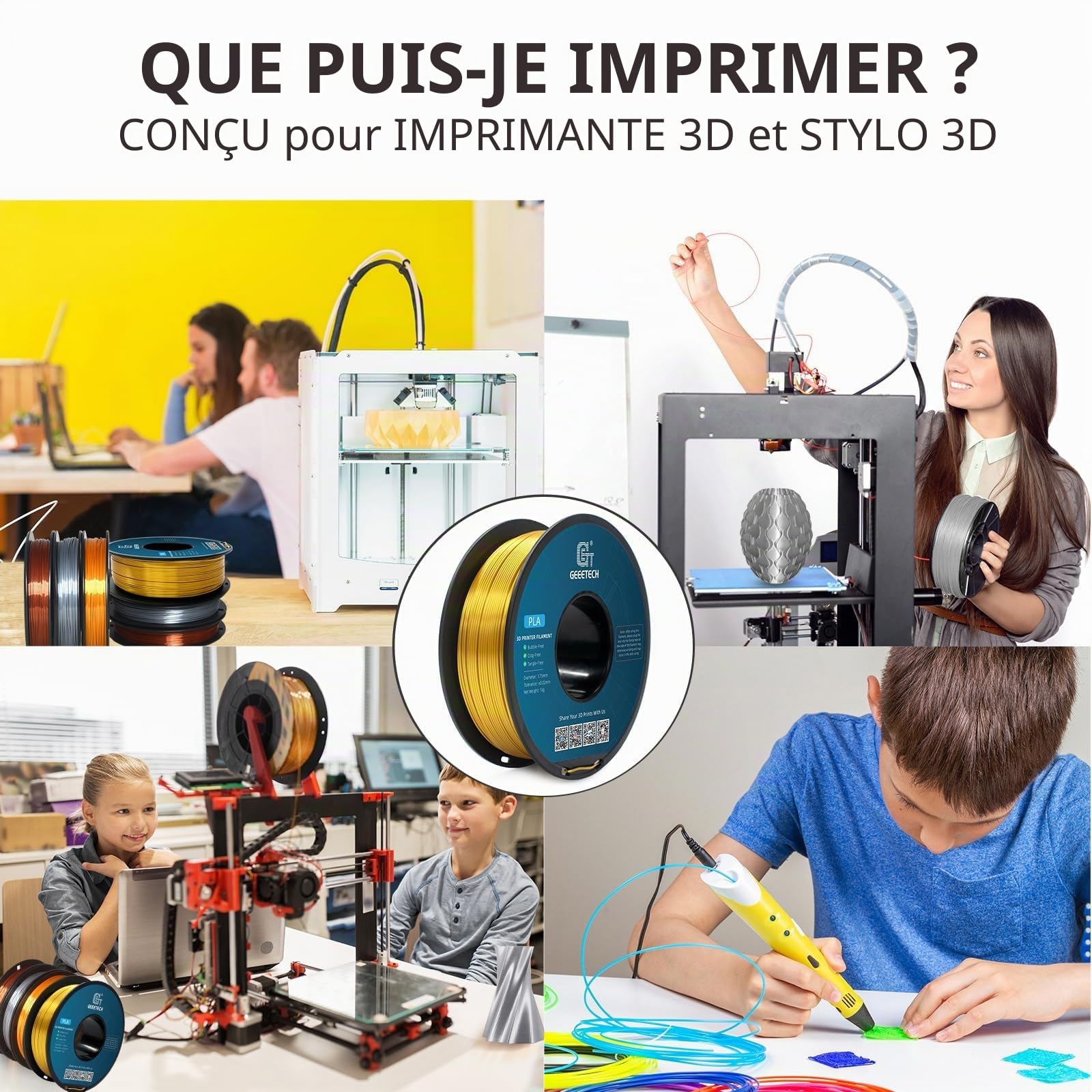 GEEETECH Filament PLA Silk 1,75 mm,PLA soie pour imprimante 3D,Bobine de 1 kg, Silk Or