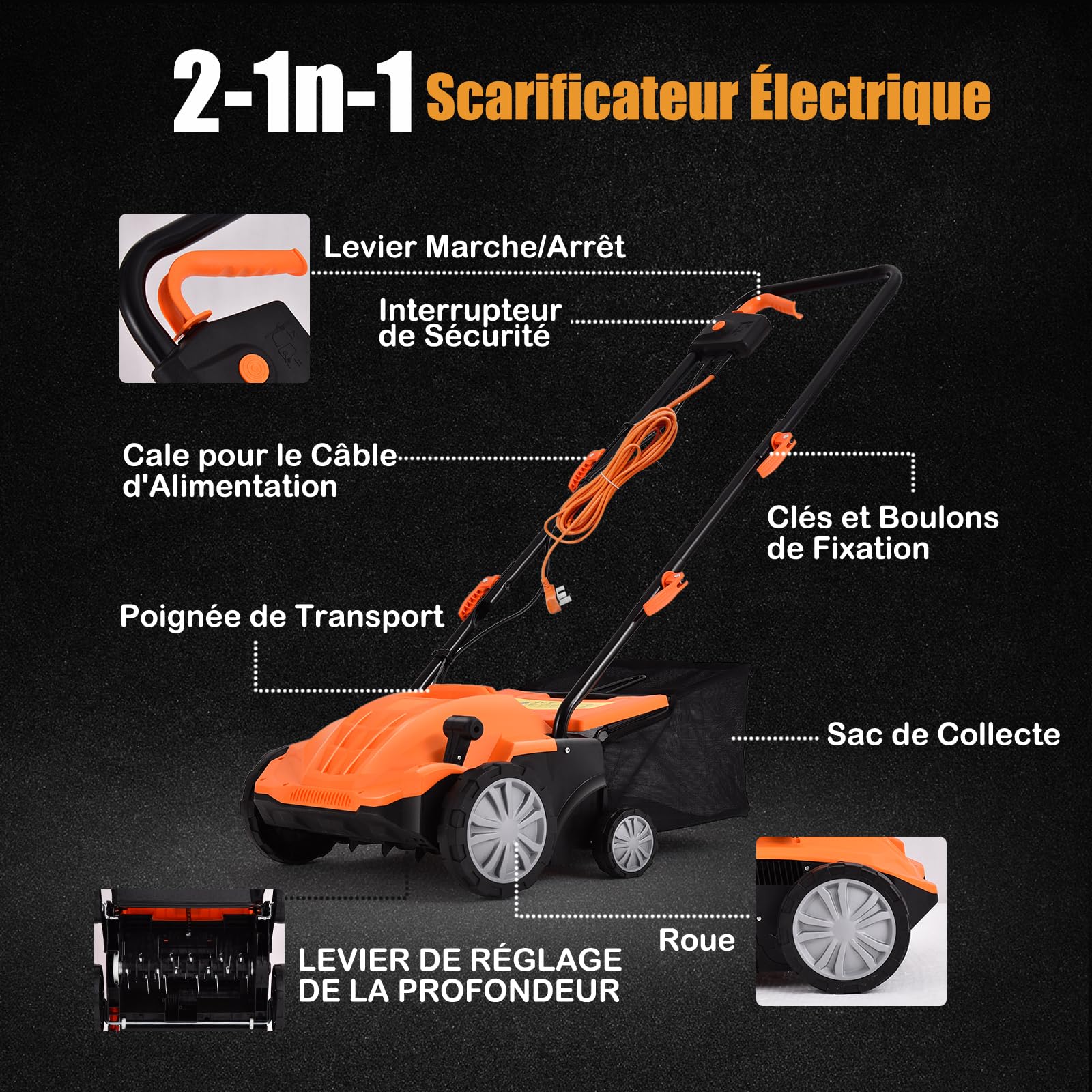 GOPLUS Escarificador Eléctrico 2 en 1, con Bolsa de Recogida de 30L/45L, Aireador de Césped con Altura Ajustable en 4 Niveles, 2 Cuchillas Extraíbles y Asa Plegable (30L,Naranja)