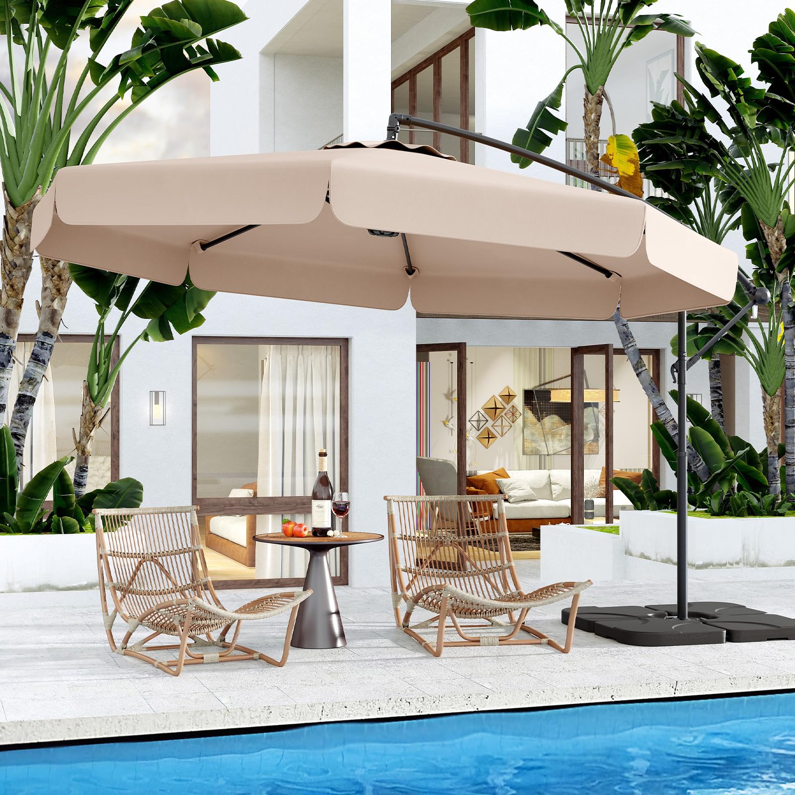 GOPLUS Parasol Déporté 3x3m avec Housse, Grand Parasol de Jardin Exterieur, avec Toile Inclinable 35°, Manivelle et 8 Baleines, pour Terrasse Balcon Patio (Beige)