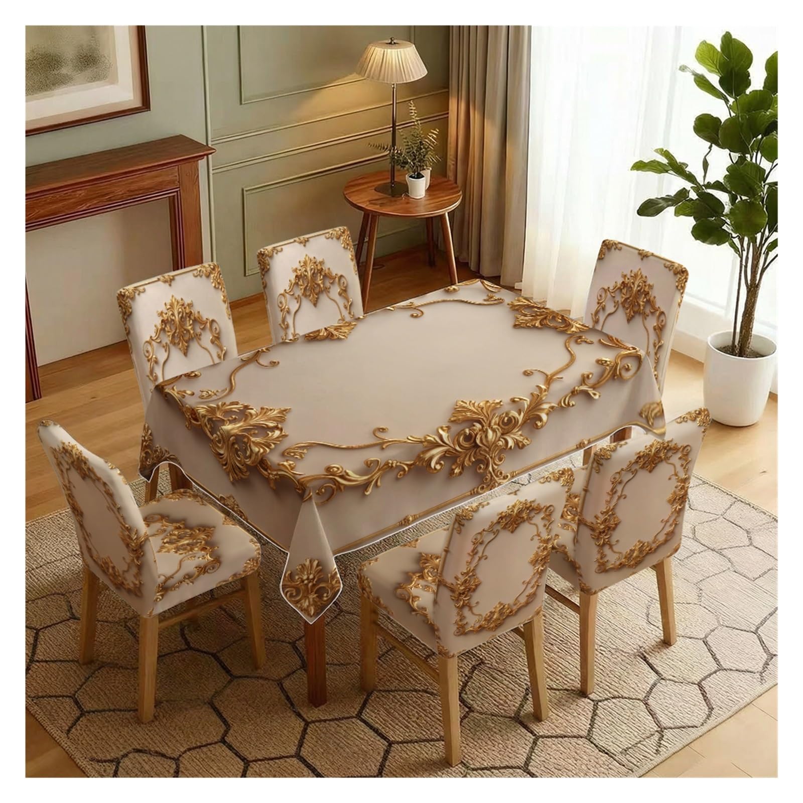 KXUAUV Cream & Gold Baroque Print Tablecloth & Chair Covers Set, Slipcovers For Dining Room, Kitchen, Wedding & Luxury Decor, 5/7 Pack Party Decor(7pcs Set: Tablecloth+Chair Covers)
