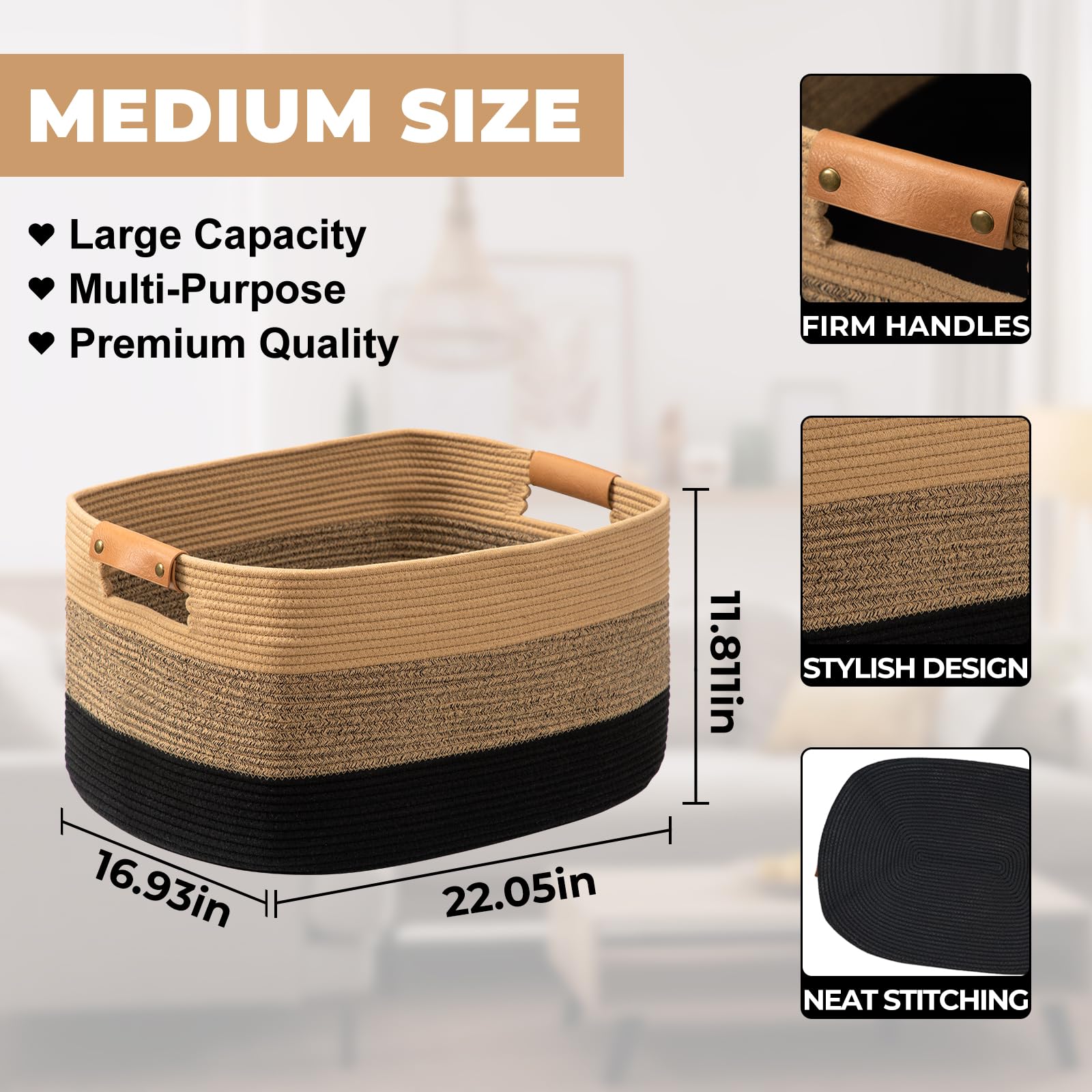 danpinera Large Blanket Basket for Living Room,72 L Rectangle Toy Storage Basket for Nursery Room Woven Rope Storage Box with Leather Handle - Image 4