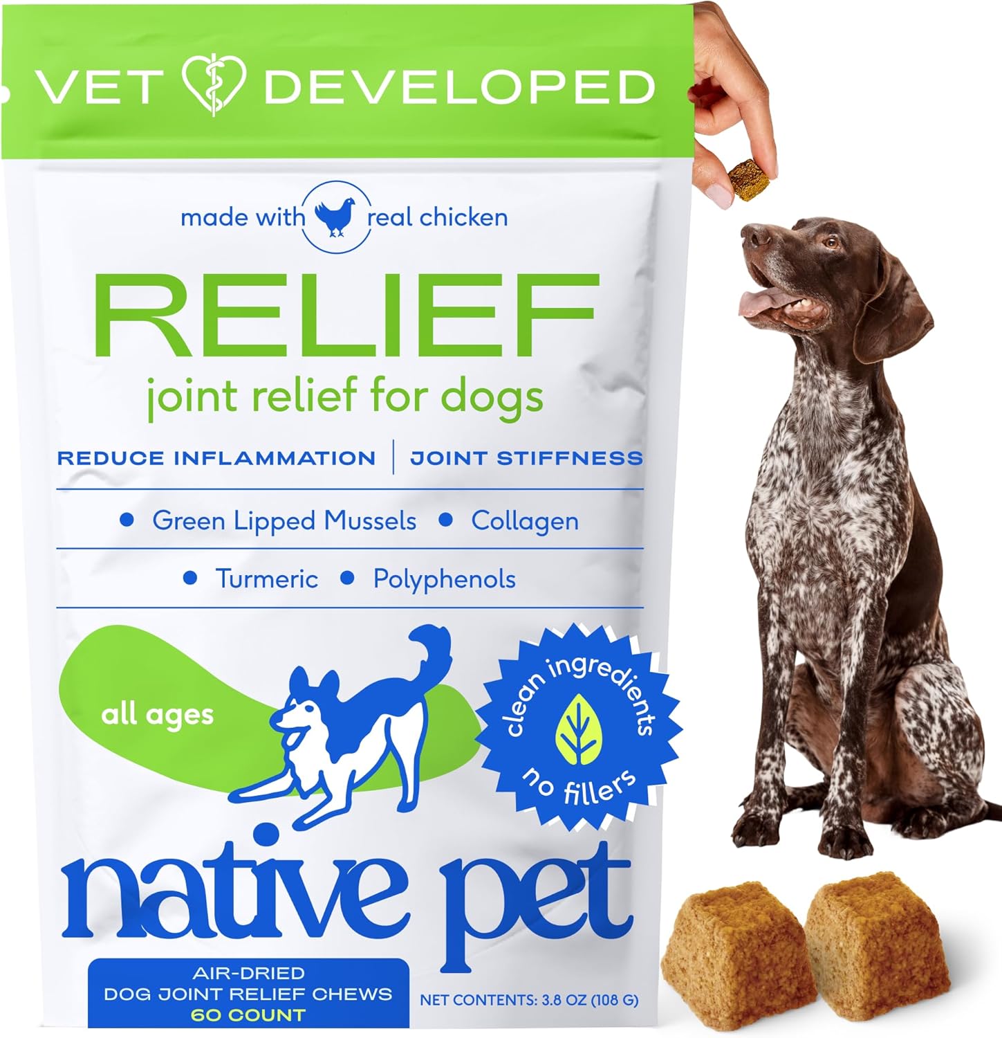 Native Pet Pain Relief for Dogs – Collagen for Dogs Promotes Joint Health, Reduce Inflammation & Stiffness – Senior Pup Joint Supplement – Natural Pain Reliever for Active & Aging Pets – 60 Chews Native Pet Pain Relief for Dogs – Collagen for Dogs Promotes Joint Health, Reduce Inflammation & Stiffness – Senior Pup Joint Supplement – Natural Pain Reliever for Active & Aging Pets – 60 Chews