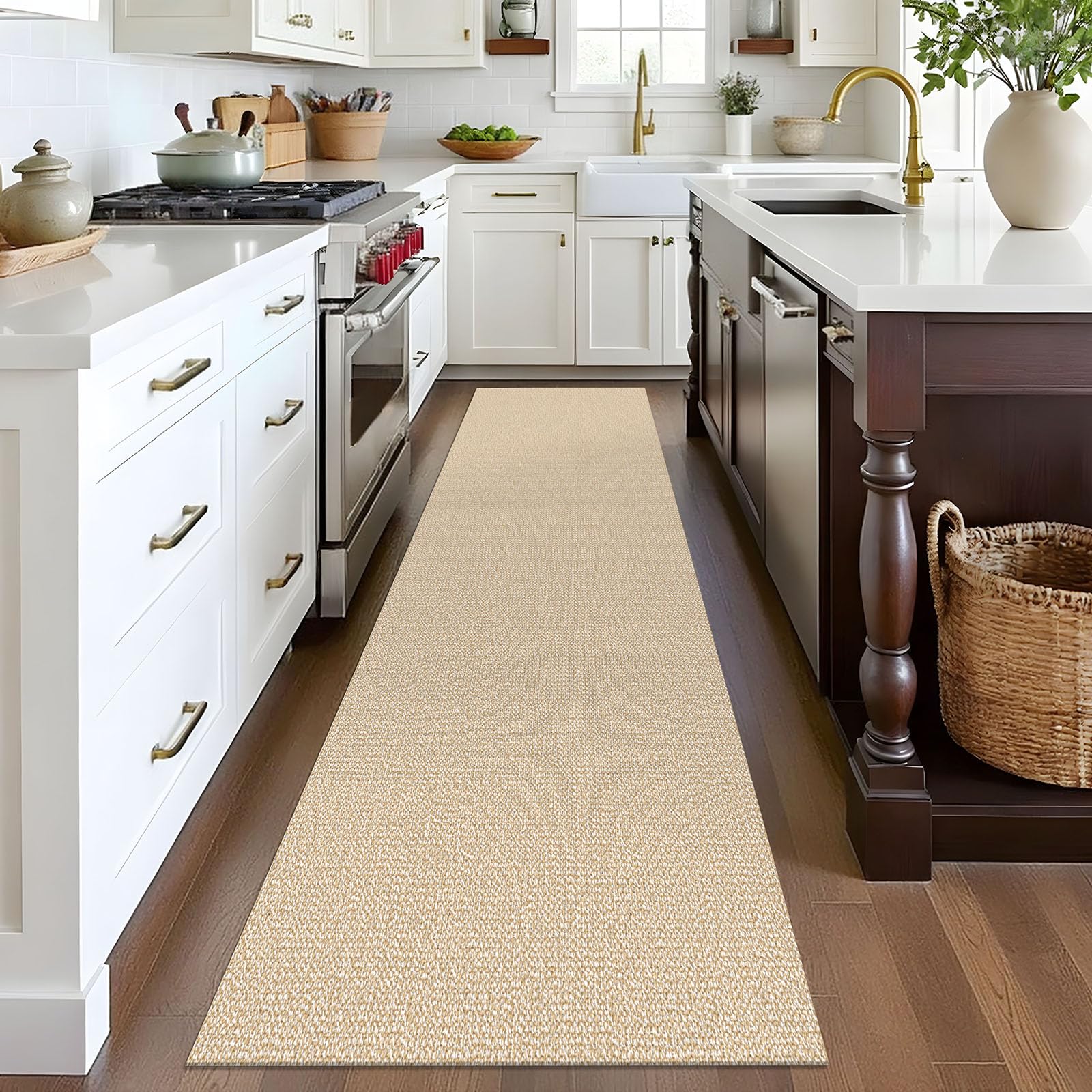 EARTHALL Alfombra lavable de 2 x 8 pies, antideslizante, para pasillos, con respaldo de goma de algodón, alfombra trenzada para interiores, para entrada, pasillo, cocina, dormitorio, color beige y