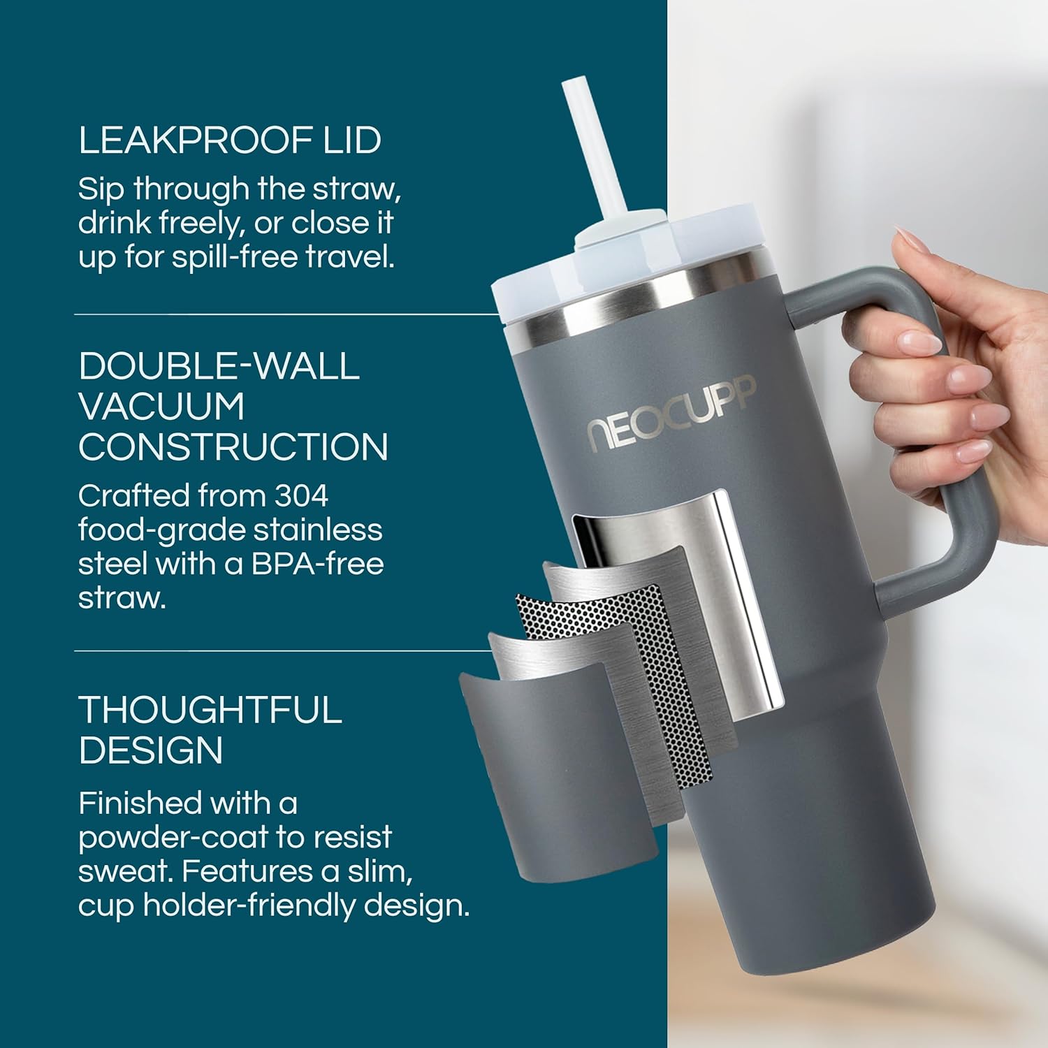 NEOCUPP - 40 oz Tumbler with Handle - Spill Proof Tumbler - Insulated Stainless Steel Design - Includes 3-in-1 Lid Brush, Straw Cleaner, Silicone Bottle Brush, & Boot - Gunmetal Grey - Image 2