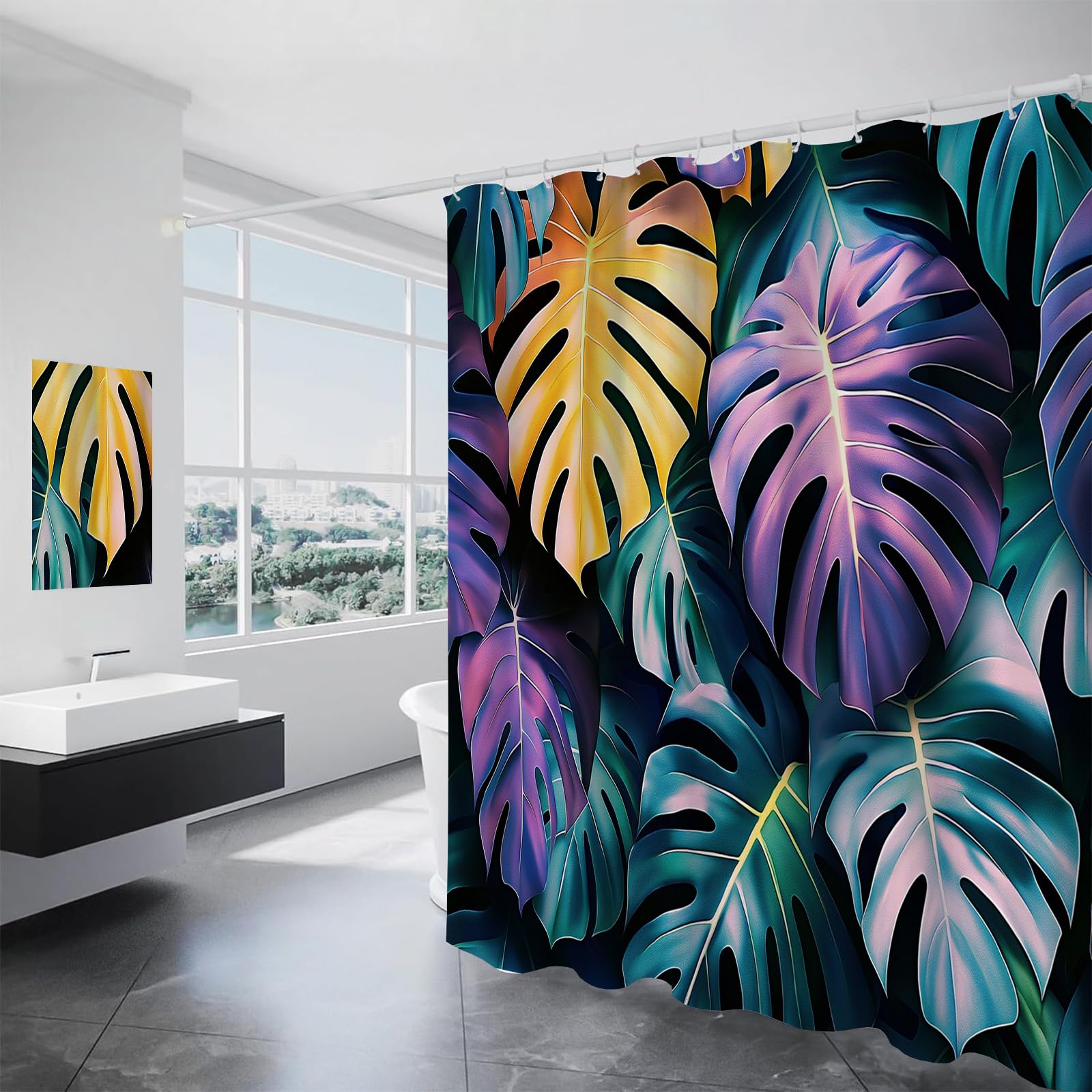 Rideau de douche tropical 180x200 cm anti-moisissure en tissu avec crochets