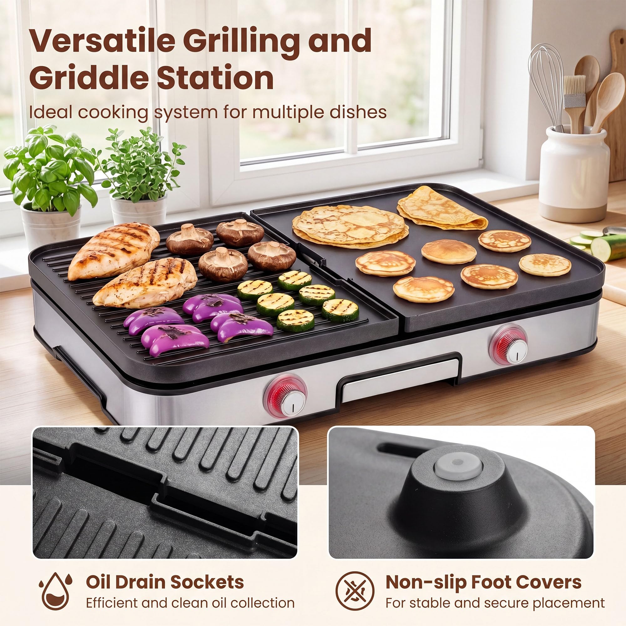 LIFEZEAL Tischgrill 48 x 31 cm, Elektrogrill 2000 W, Elektrischer Plattengrill Indoor mit 2 wendbaren Platten, Elektro-Grillplatte Griddle für Haus, Balkon, Camping