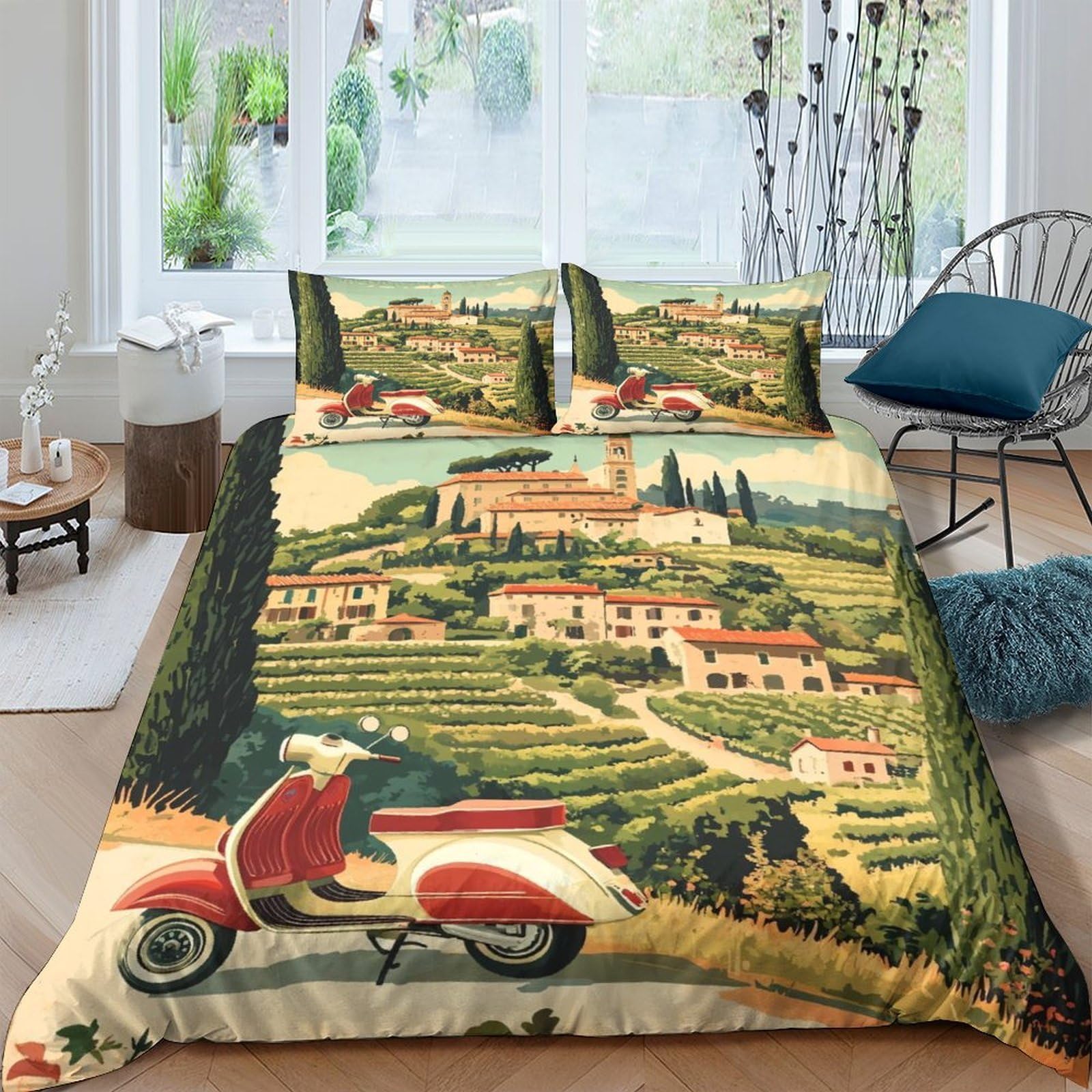 Ctjqhvkz Style-7 3D Printed Italian Countryside Fitted Sheet Microfiber Soft Red Scooter Bed Cover Scenic Landscape Bedroom Decor Single（135X200cm）