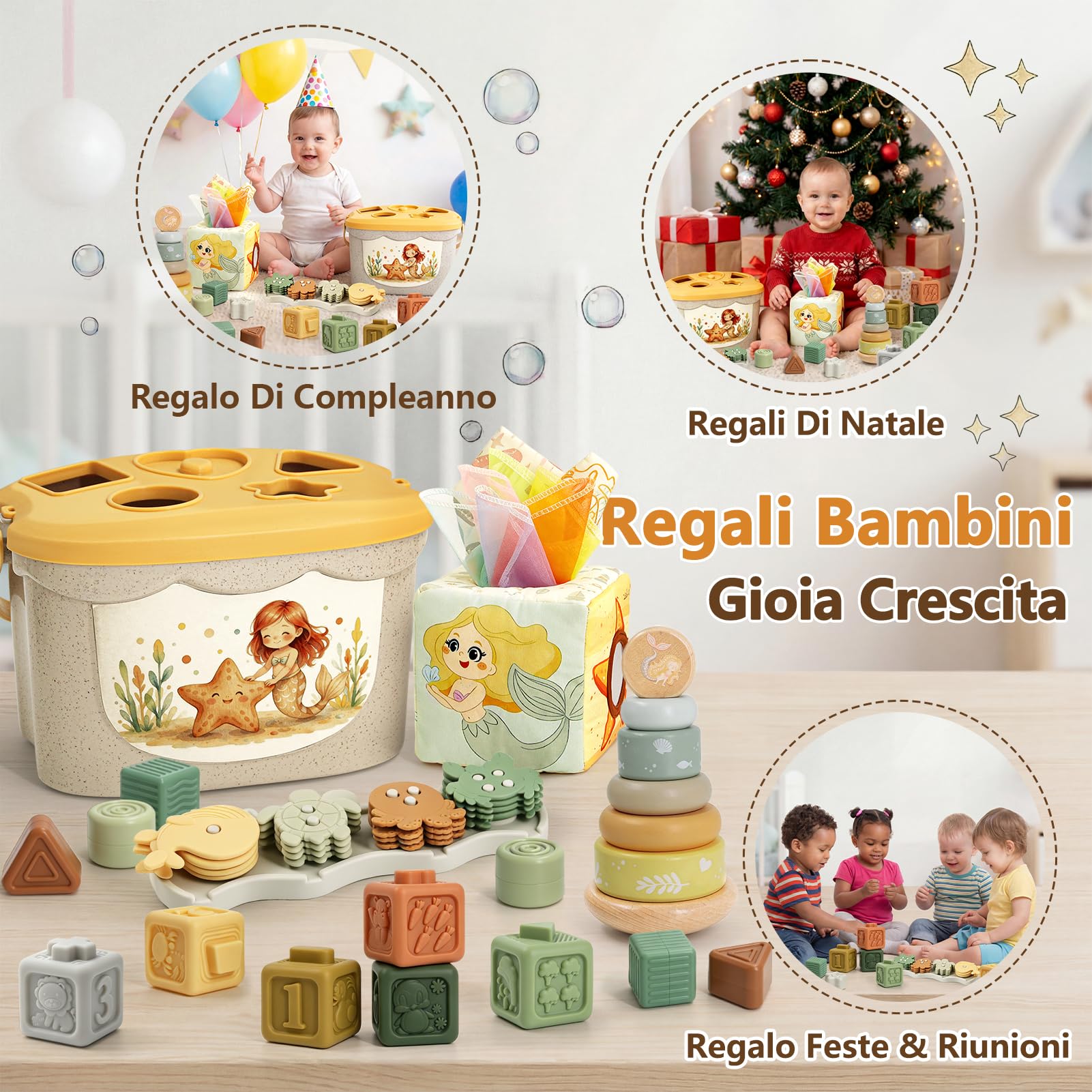 Anook Giochi Montessori 6 Mesi, 5 in 1 Giochi 6 8 10 Mesi Include Giochi Bambini Formine, Costruzioni Bambini 6 Mesi, Scatola di Fazzoletti, Giochi Sensoriali Neonato per Regalo Bimba Bimbo 6-24 Mesi