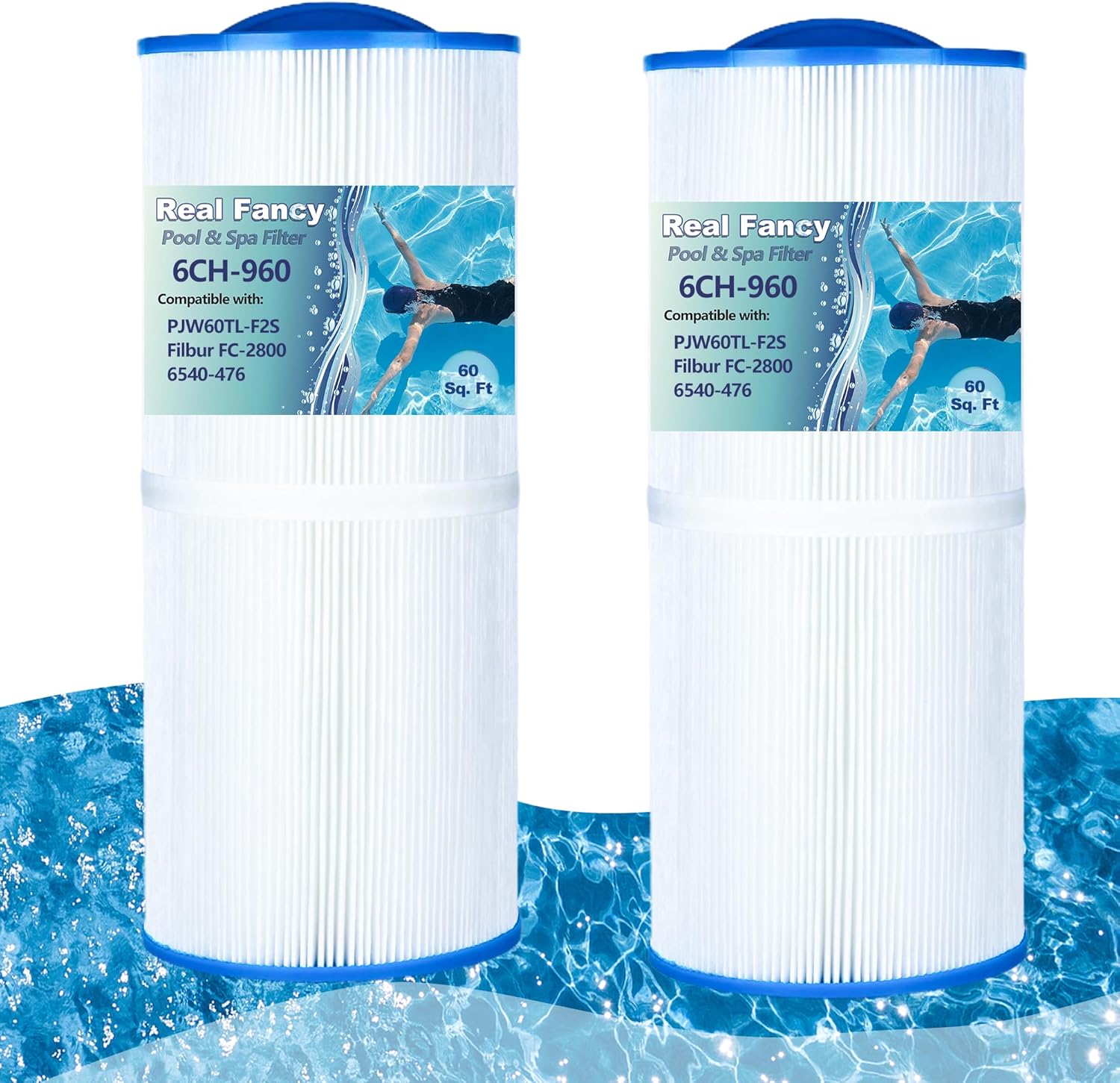 6CH-960 Hot Tub Spa Filter Replacement for Jacuzzi Filters J-300, J400, PJW60TL-F2S, Unicel 6CH-960, Filbur FC-2800, 6540-476, 6540-383, Closed Handle (Not be Removed), 60 Sq. Ft. 2 Pack