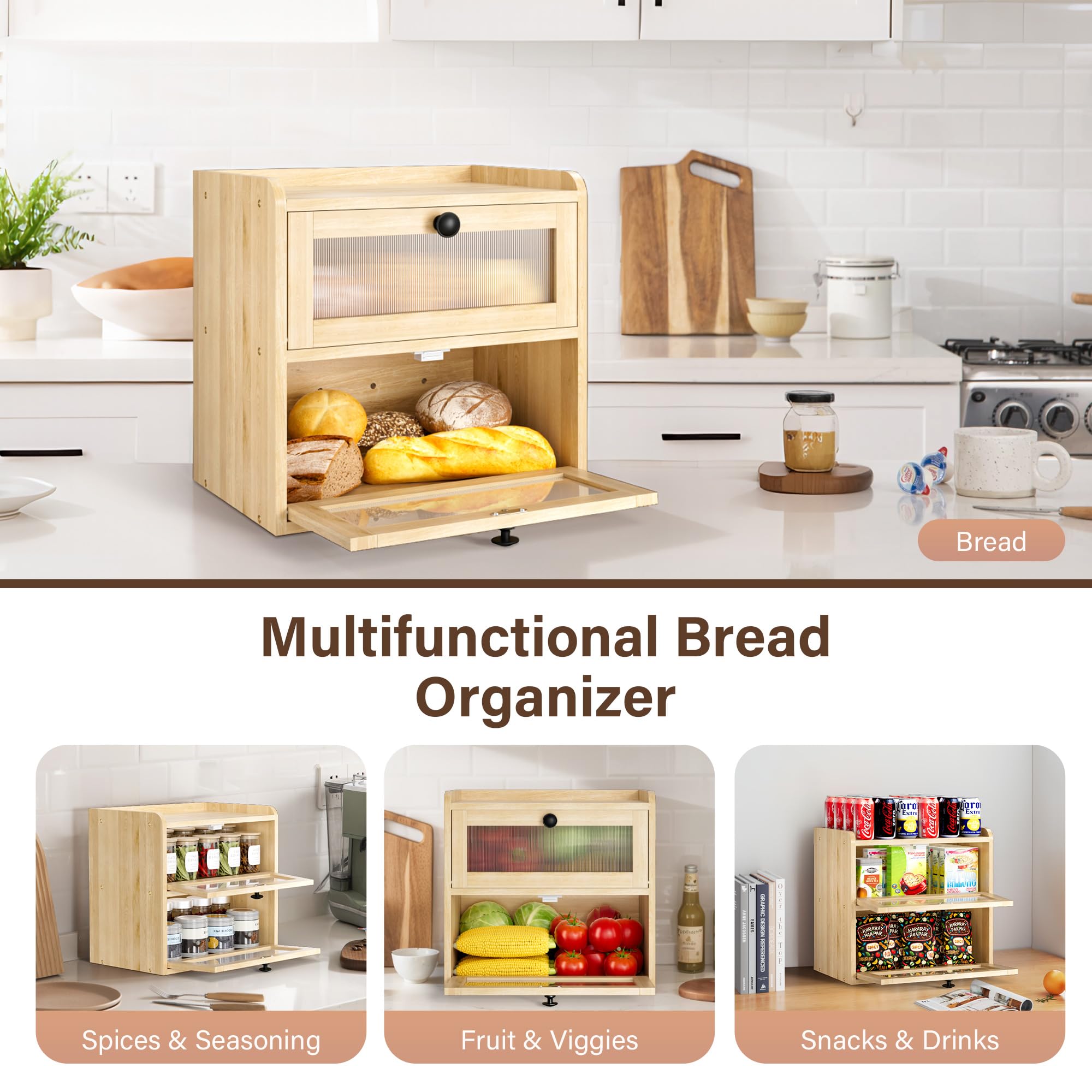 Panera de Madera, Caja Contenedor para Guardar el Pan de Doble Capa con Puerta de Acrílico, Organizador de Encimera para Cocina, Almacenamiento para Bocadillos y Frutas, 36.5x24x34 cm