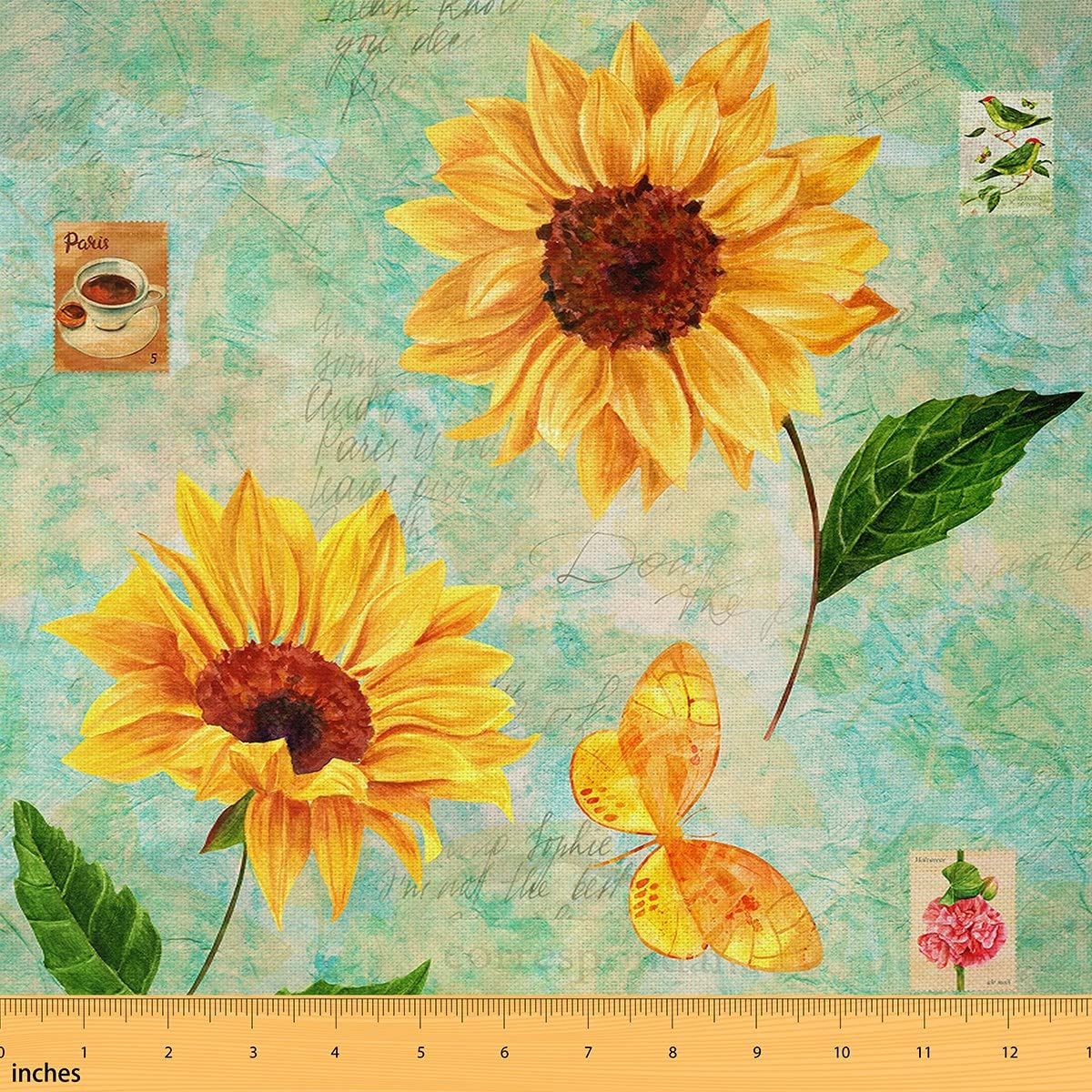 Warm Sunflowers Fabric by The Yard Golden Butterflies Coffee Bird Flower Stamps Upholstery for Chairs DIY Country Style Fabric for Decoration and Teens, 3 Yards, Yellow Green