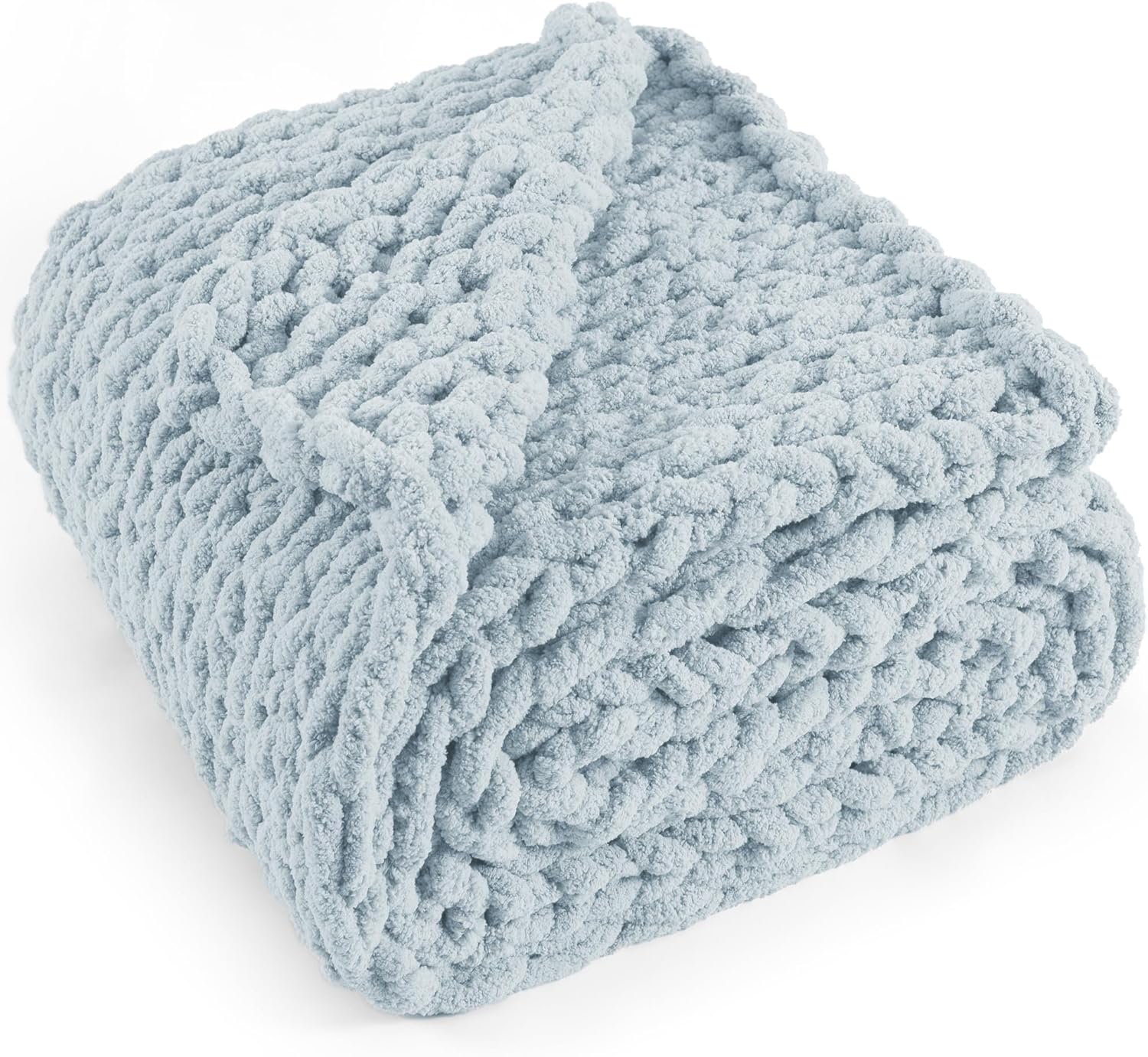 Chunky Knit Throw Blanket 50"X 60", 100% Handmade with Soft Chenille Yarn, 4.4lbs Thick Cable Knitted Blankets, Large Rope Knot Crochet Throws for Couch Sofa Bed Home Decor, Baby Blue
