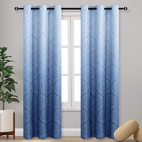 DWCN Ombre Blackout Curtains for Bedroom - Damask Patterned Thermal Insulated Energy Saving Grommet Curtains for Living Room, Set of 2 Gradient Window Curtain Panels, 42 x 84 Inches Long, Navy Blue