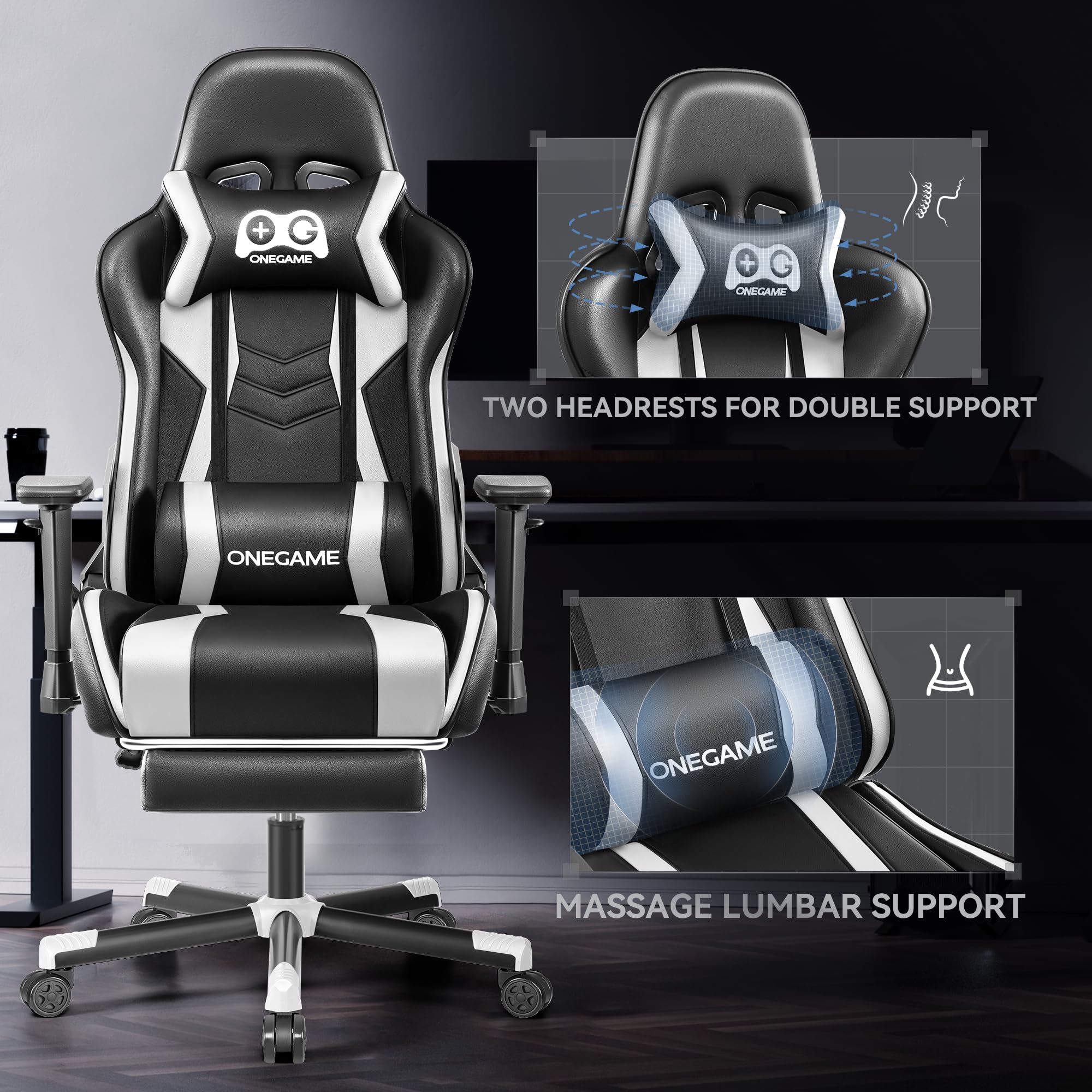 OneGame Sedia Gaming con Poggiapiedi, 3D Braccioli Sedia Gamer grande alta, Ergonomica Regolabili in pelle PU, PC videogiochi Ufficio, 150-200KG, Bianco