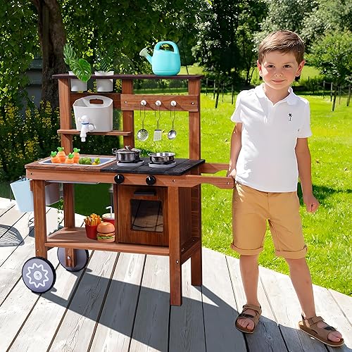 Miniatura 9 de ROBUD Cocina de barro para niños al aire libre con ruedas, cocina de madera al aire libre, cocina de barro para niños con fregadero y grifo