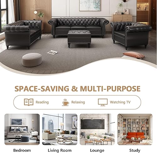 Miniatura 7 de QHITTY - Silla decorativa Chesterfield, silla moderna tapizada en cuero con respaldo acolchado para muebles de sala de estar (negro)