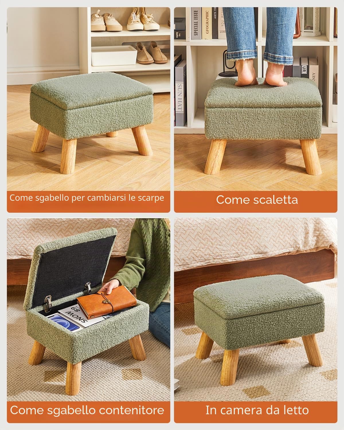 YMYNY Ottomano di Stoccaggio, Pouf Poggiapied, Piccolo Sgabello Con Gambe In Legno Robusto, Sgabello Contenitore Con Sedile Imbottito Per Soggiorno Camera Da Letto Ingresso 40 ×30 ×28CM Verde HBD042GR