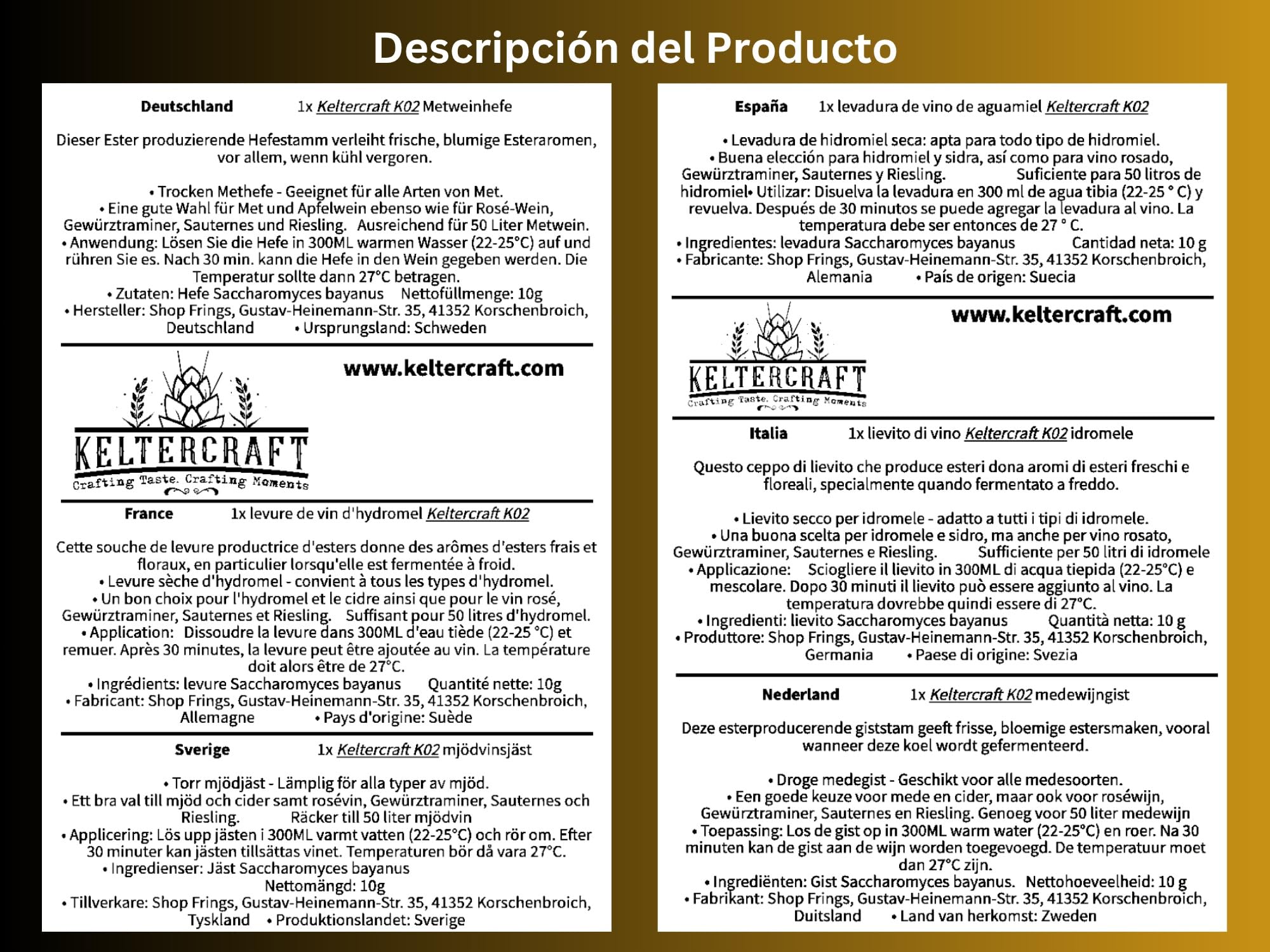 Keltercraft K02 Levadura de Hidromiel Vino [10g: Para 25L] | ¡Crea tu propio vino de hidromiel!