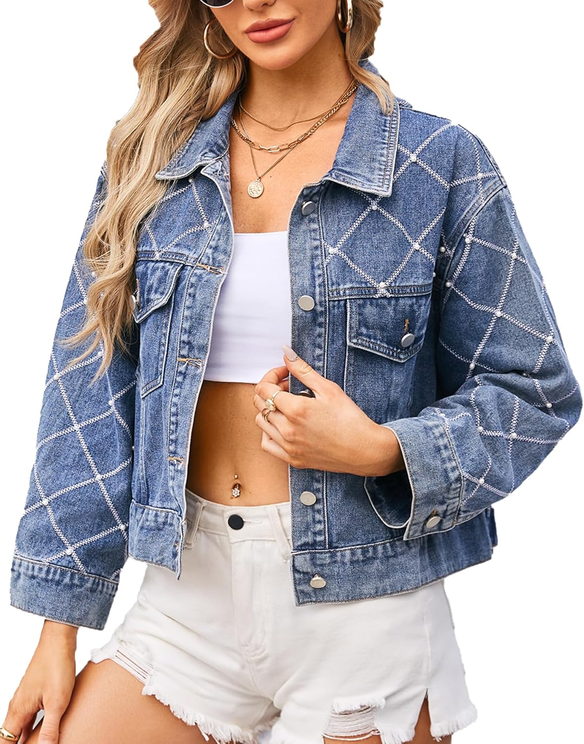 Women's Pearl Denim Jacket Long Sleeve Button Down Jean Jacket Casual Diamond Denim Coat