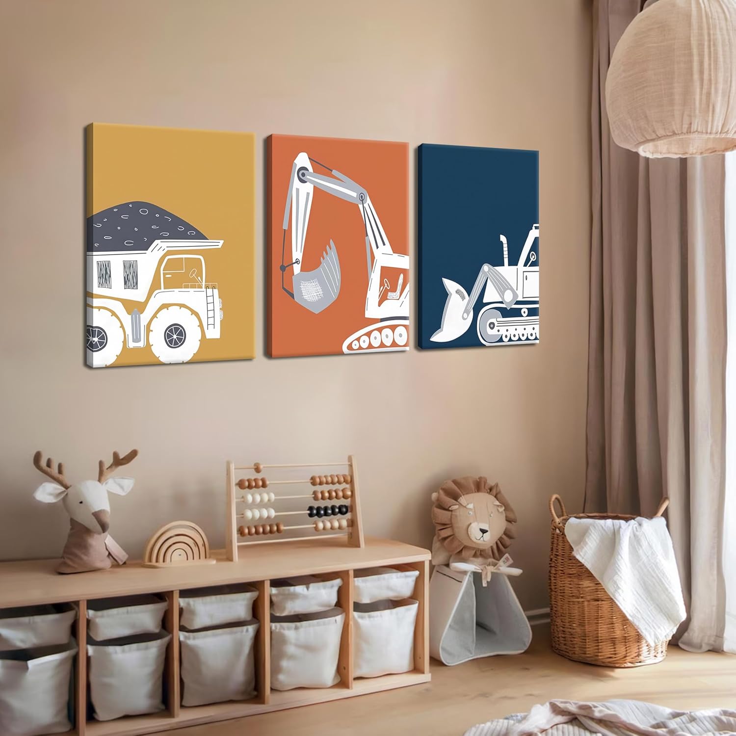AKWISH Framed Nursery Construction Truck Wall Art Set of 3 – Cute Excavator Tractor Dump Truck Canvas Prints, Boys Bedroom and Baby Room Wall Decor, Playroom Vehicle Artwork – 12x16in