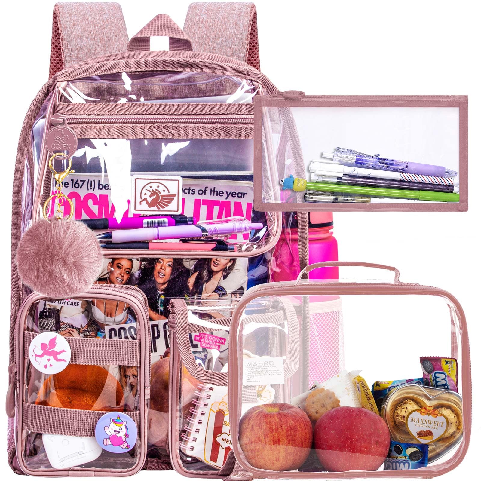 CCJPX 3Pcs Clear Backpack for Girls, School Transparent Bookbag, Heavy Duty See Through Backpacks for Teens Elementary