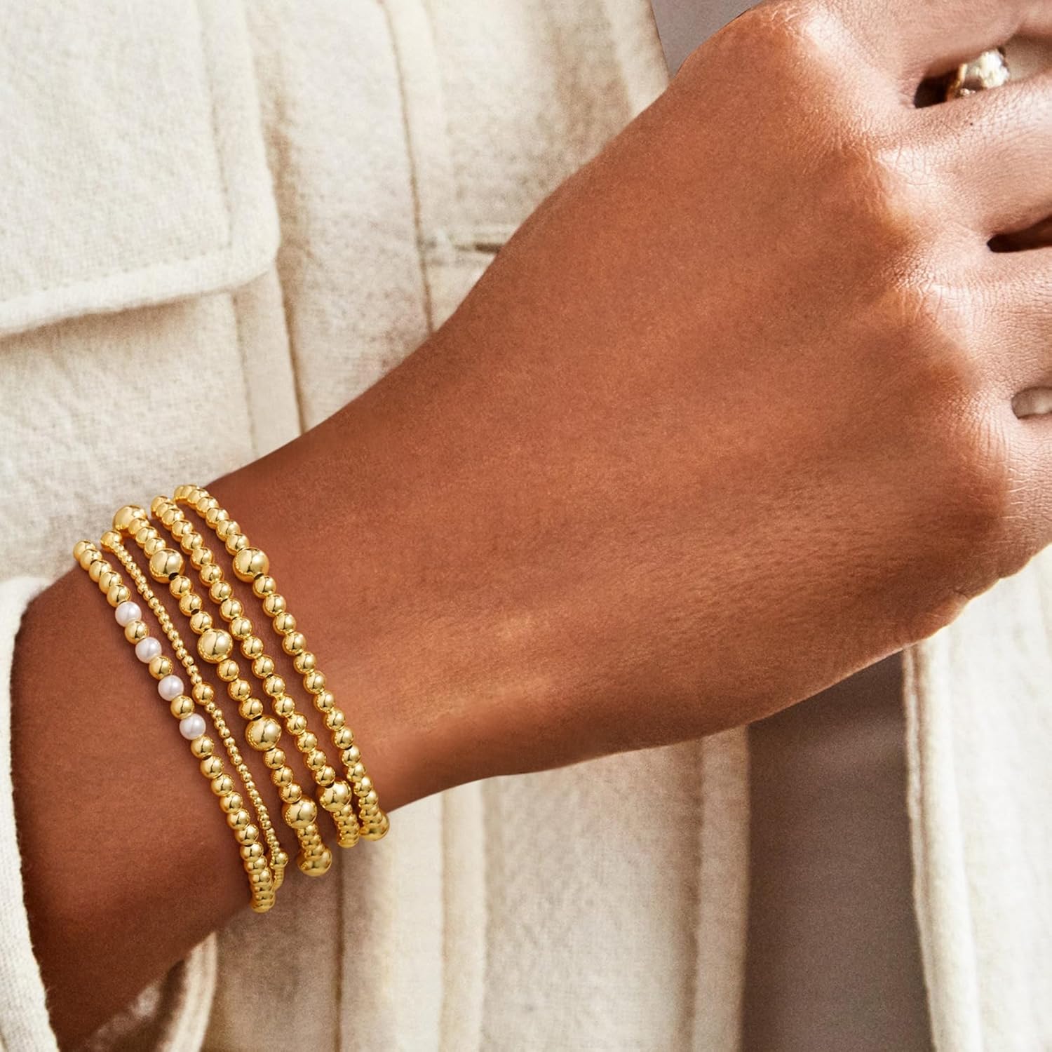 M MOOHAM Gold Beaded Bracelets for Women - Dainty 14K Gold Plated Beaded Ball Pearl Cross Bracelet Set Stack Stretch Bracelet for Women Trendy Non Tarnish Adjustable Jewelry Gifts - Image 3