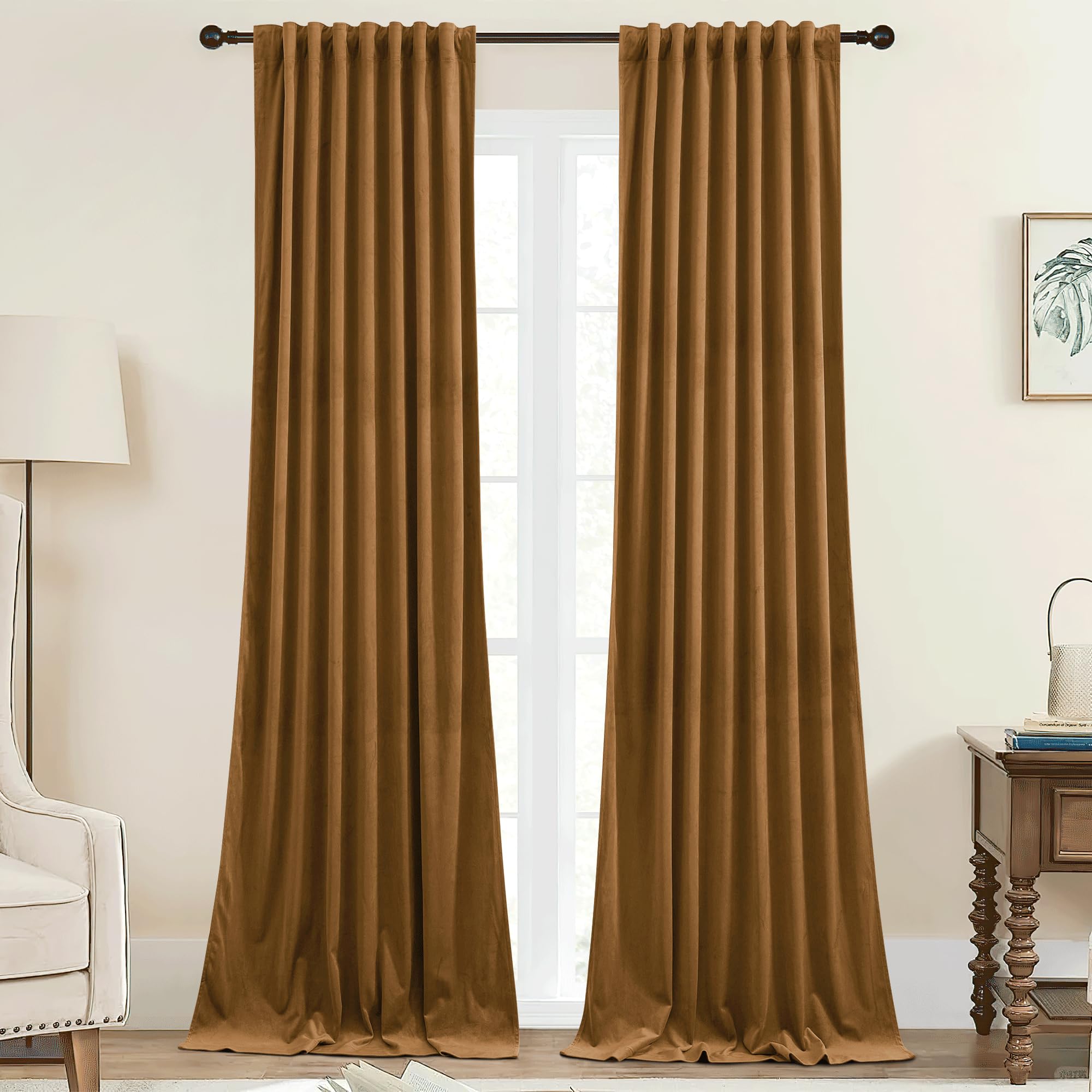 StangH Gold Brown Curtains for Living Room Luxury Velvet Thermal Insulated Autumn Window Decor Back Tab Blackout Privacy Panels for Office Sliding Door Kitchen, W42 x L96, 2 Panels
