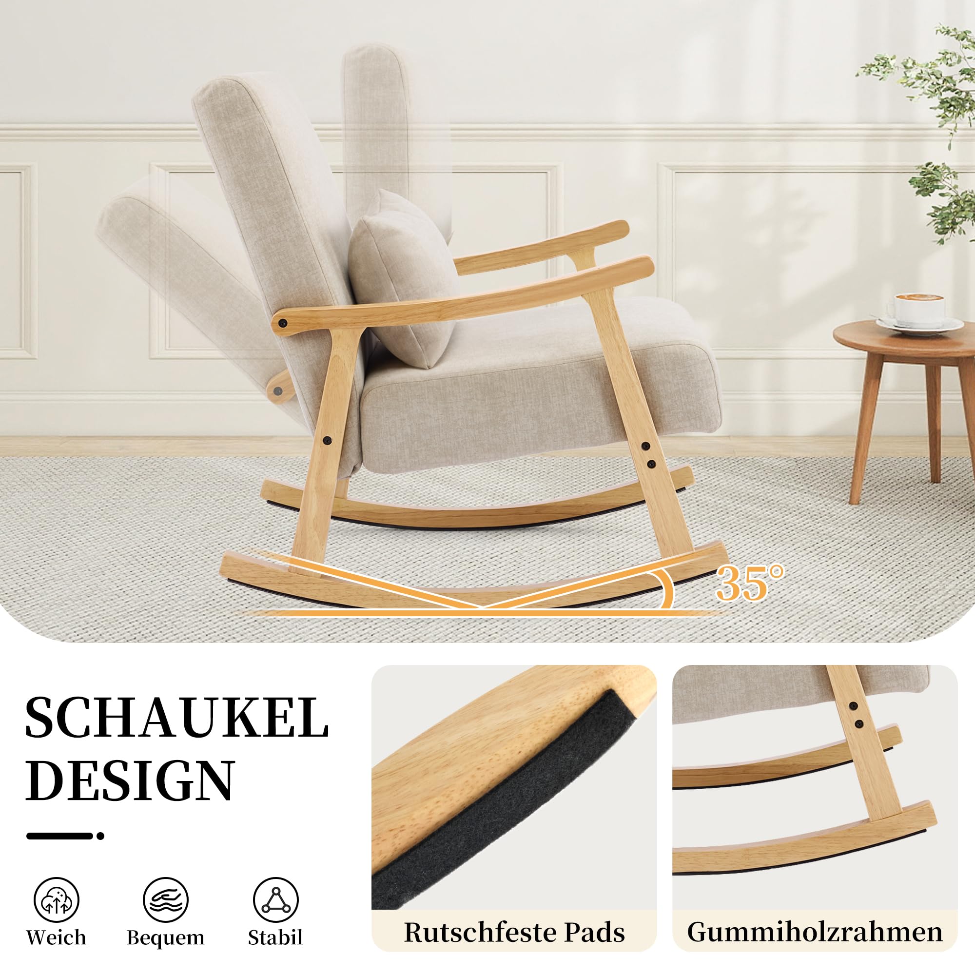fotel bujany w stylu mid-century modern z poduszką lędźwiową, tapicerowany, z drewnianymi podłokietnikami i nogami, wygodny fotel do salonu, sypialni i pokoju gościnnego, Szary
