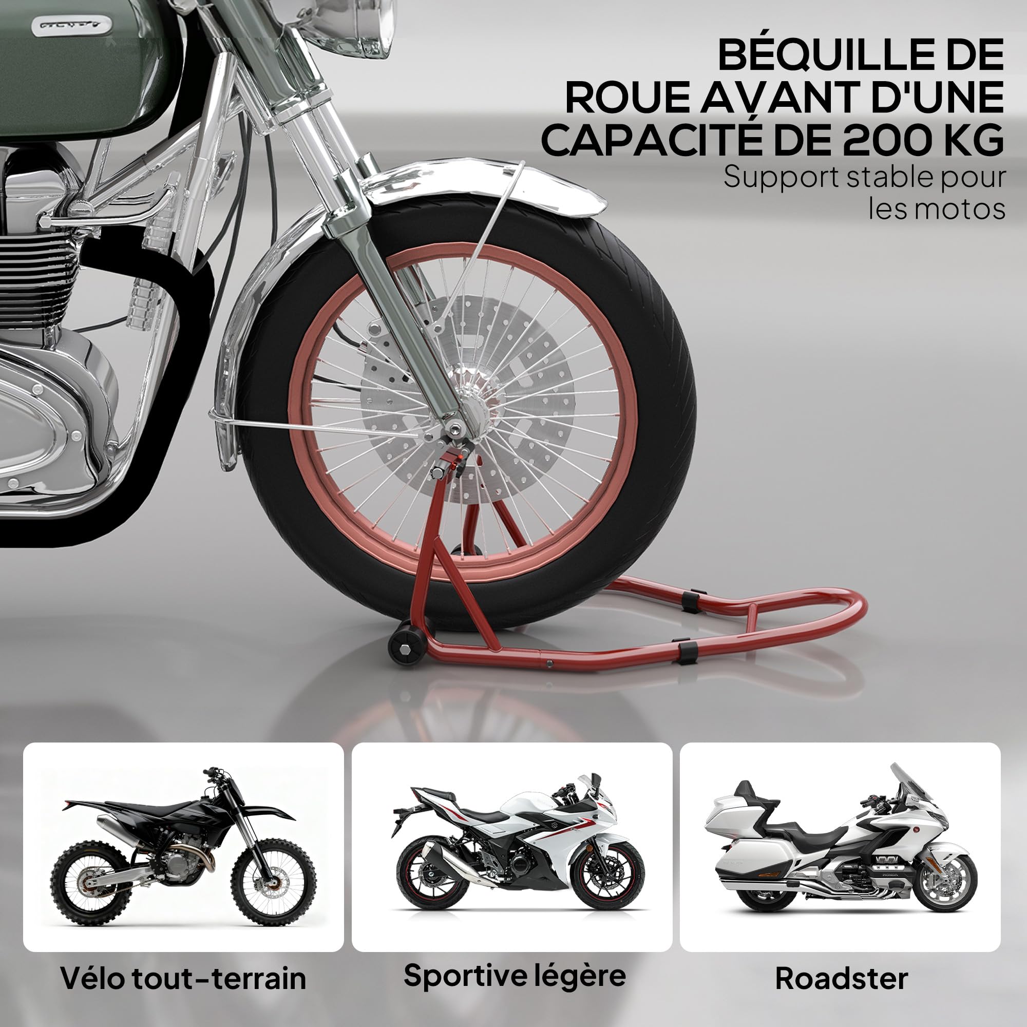 HOMCOM Béquille d'Atelier Moto Avant avec Goupille Réglable Acier Rouge | Support pour Moto, Adaptateurs pour Bras Oscillant, Support Universel de Levage pour Atelier
