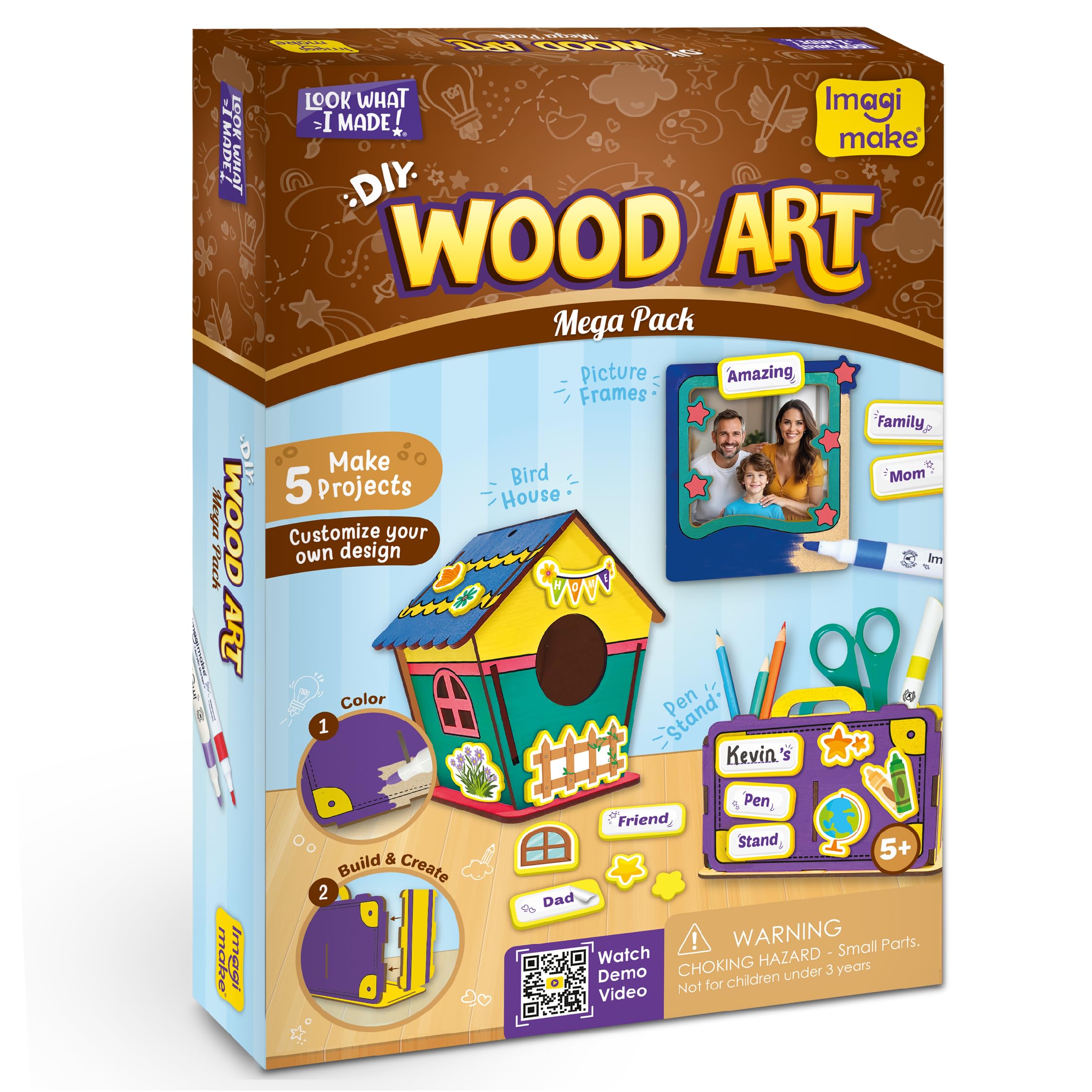 Imagimake DIY Wood Art Mega Pack | Build Wooden Bird House, 3 Photo Frames & Pen Stand | Wooden Painting Crafts for Kids | 100+ Foam Stickers for Wood