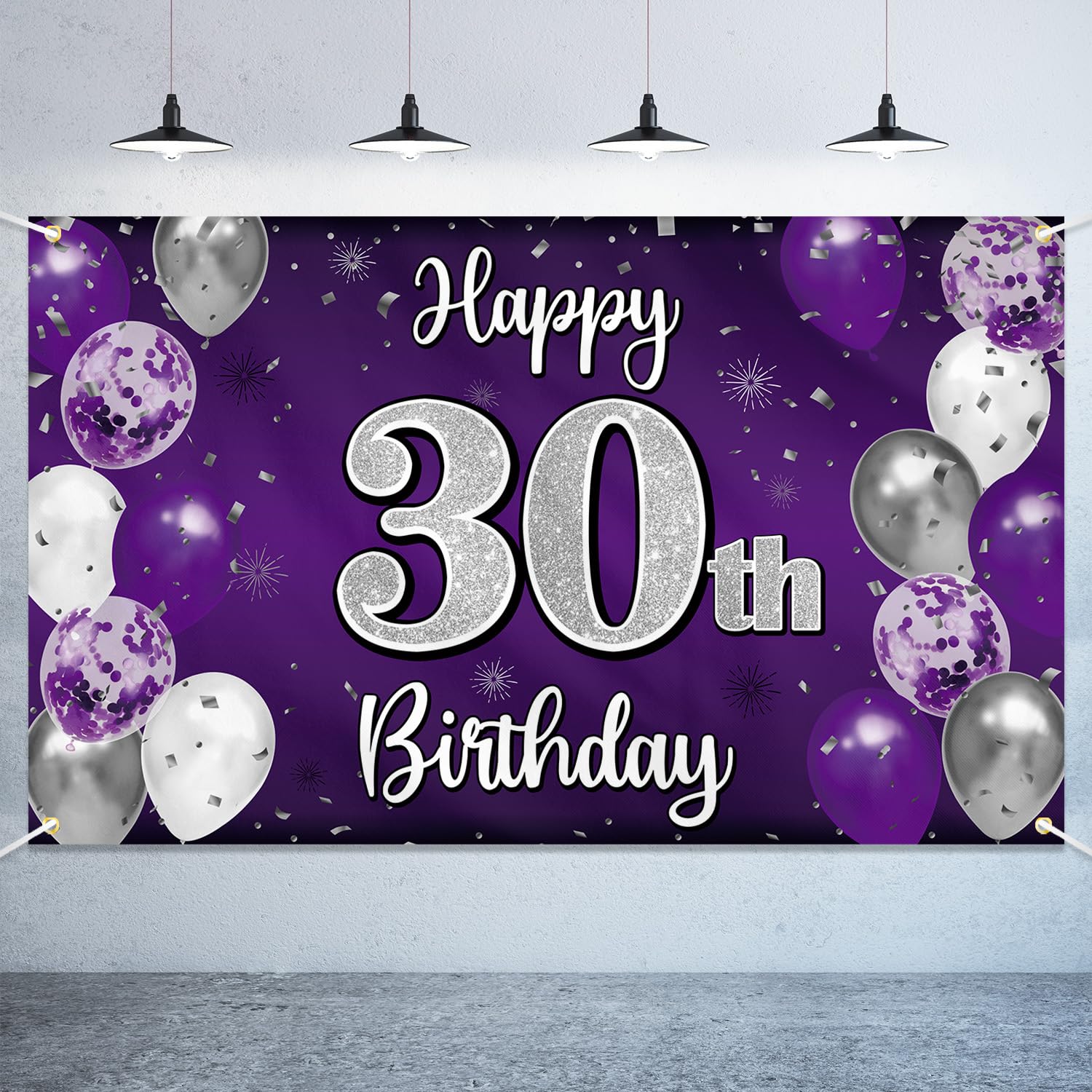 Nelbiirth Happy 30th Birthday Decorations,30th Purple & Silver Large Birthday Banner Backdrop Sign,Cheers to Thirty Years Old Bday Party Supplies.