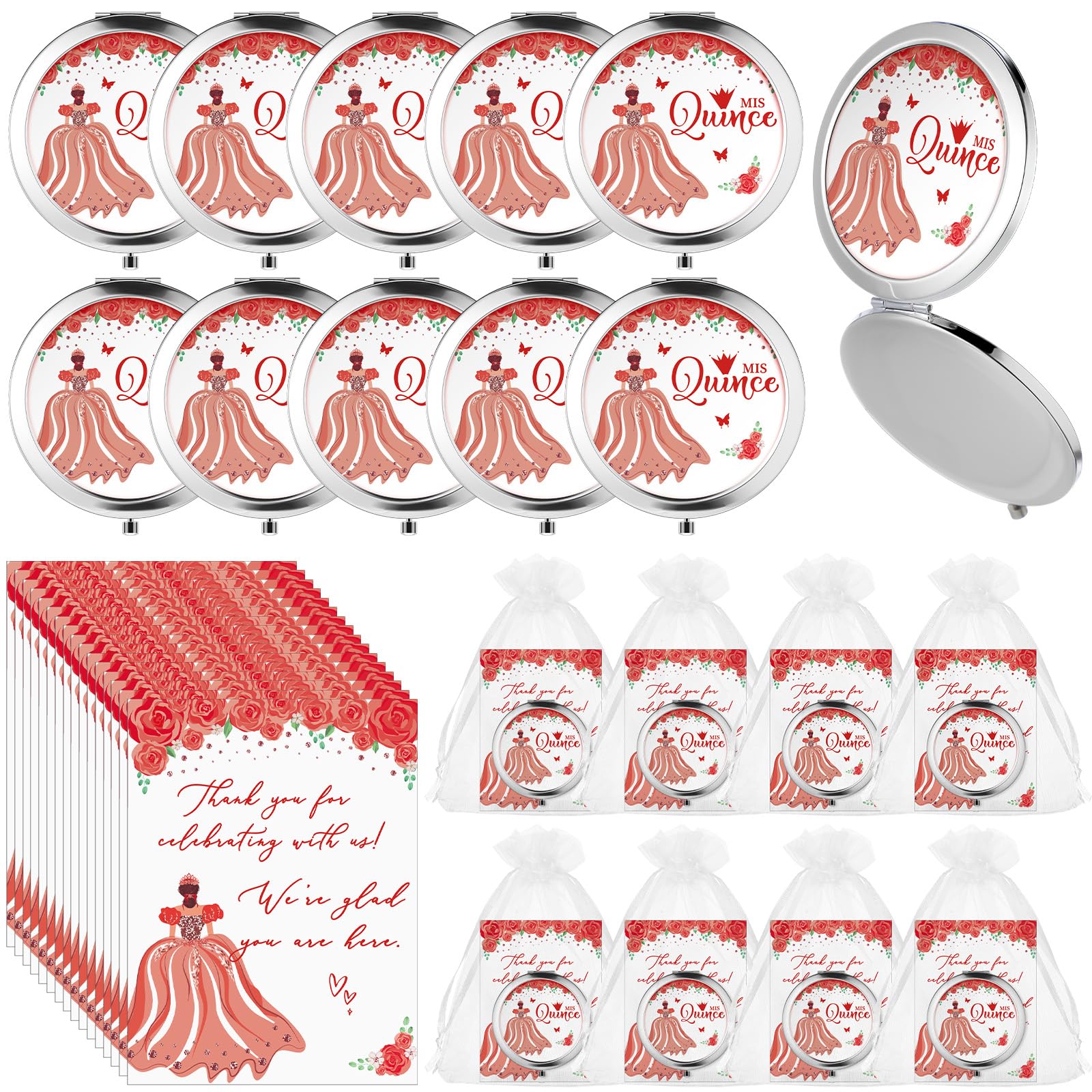 Menkxi 24 juegos de recuerdos de fiesta de quinceañera para invitados, espejos compactos con tarjetas, bolsas, regalos para cumpleaños de niñas de 15 años (rojo)