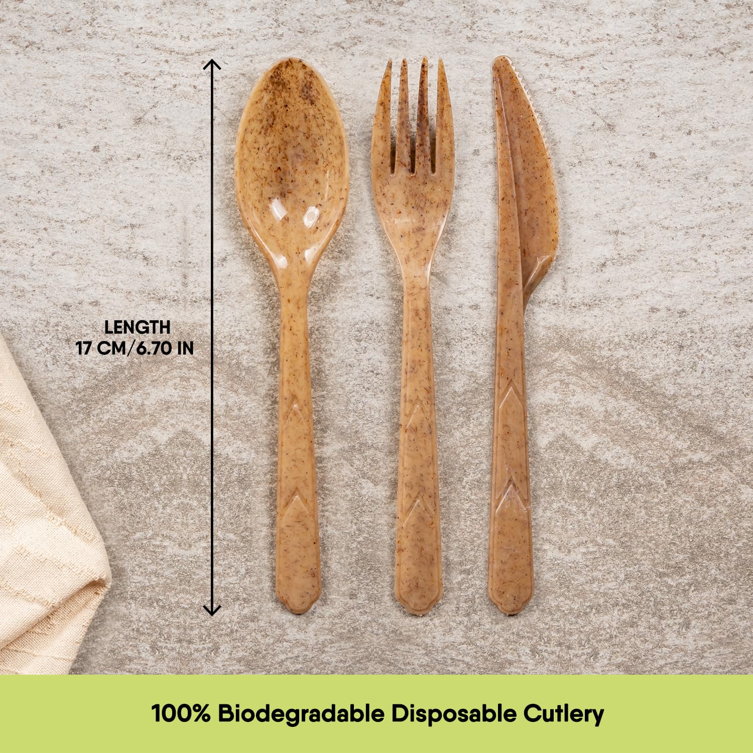 100 % biologisch abbaubares Besteck aus pflanzlichen Fasern, 300 Stück, 17 cm lang, robust und splitterfrei, umweltfreundliche Löffel, Gabeln und Messer, perfektes nachhaltiges Besteck The Veggie
