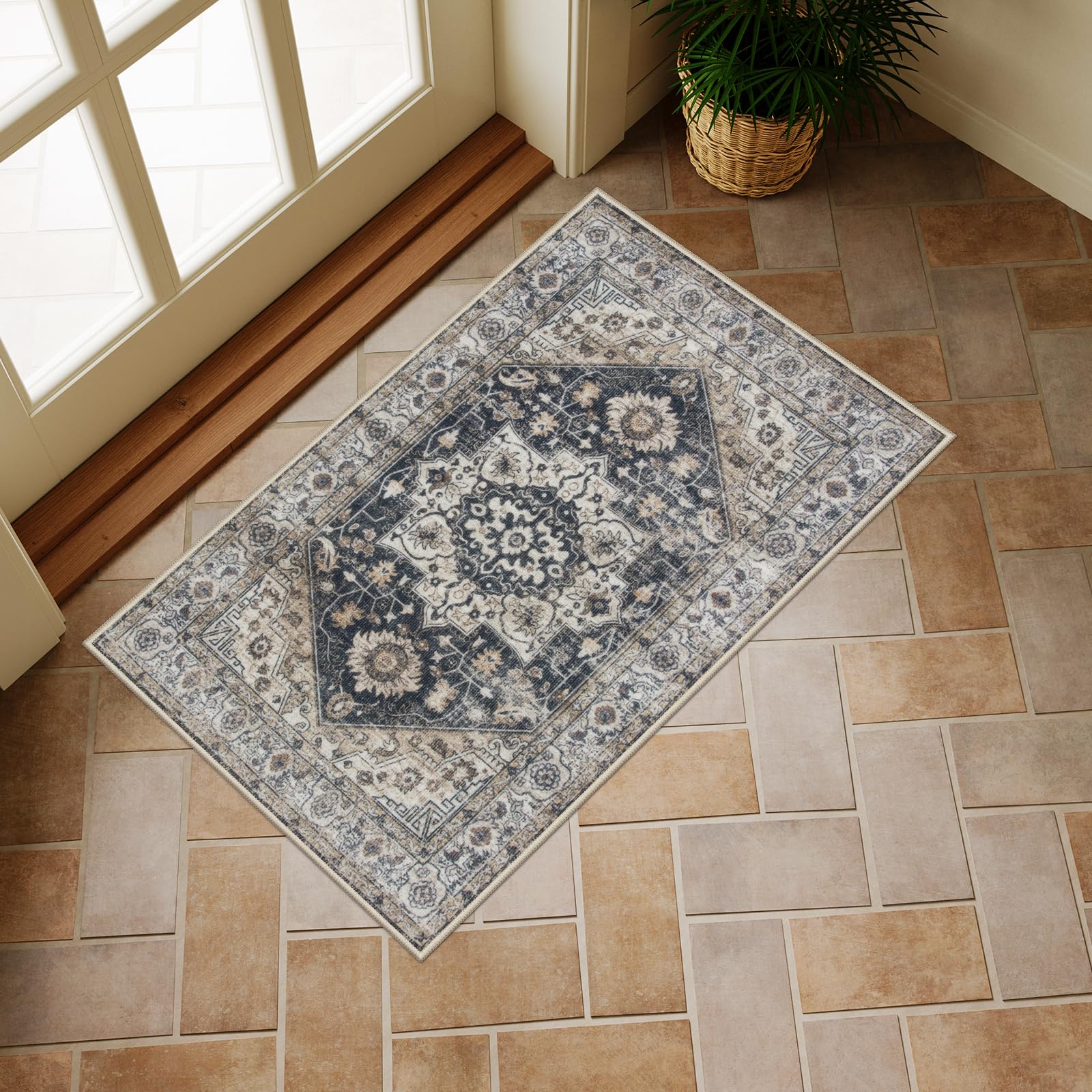 Collive Washable Indoor Doormat, Non Slip Retro Floor Mat 20"x32" Small Rug Quick Absorbent Entrance Rug Distressed Black/Multi Front Door Mat,