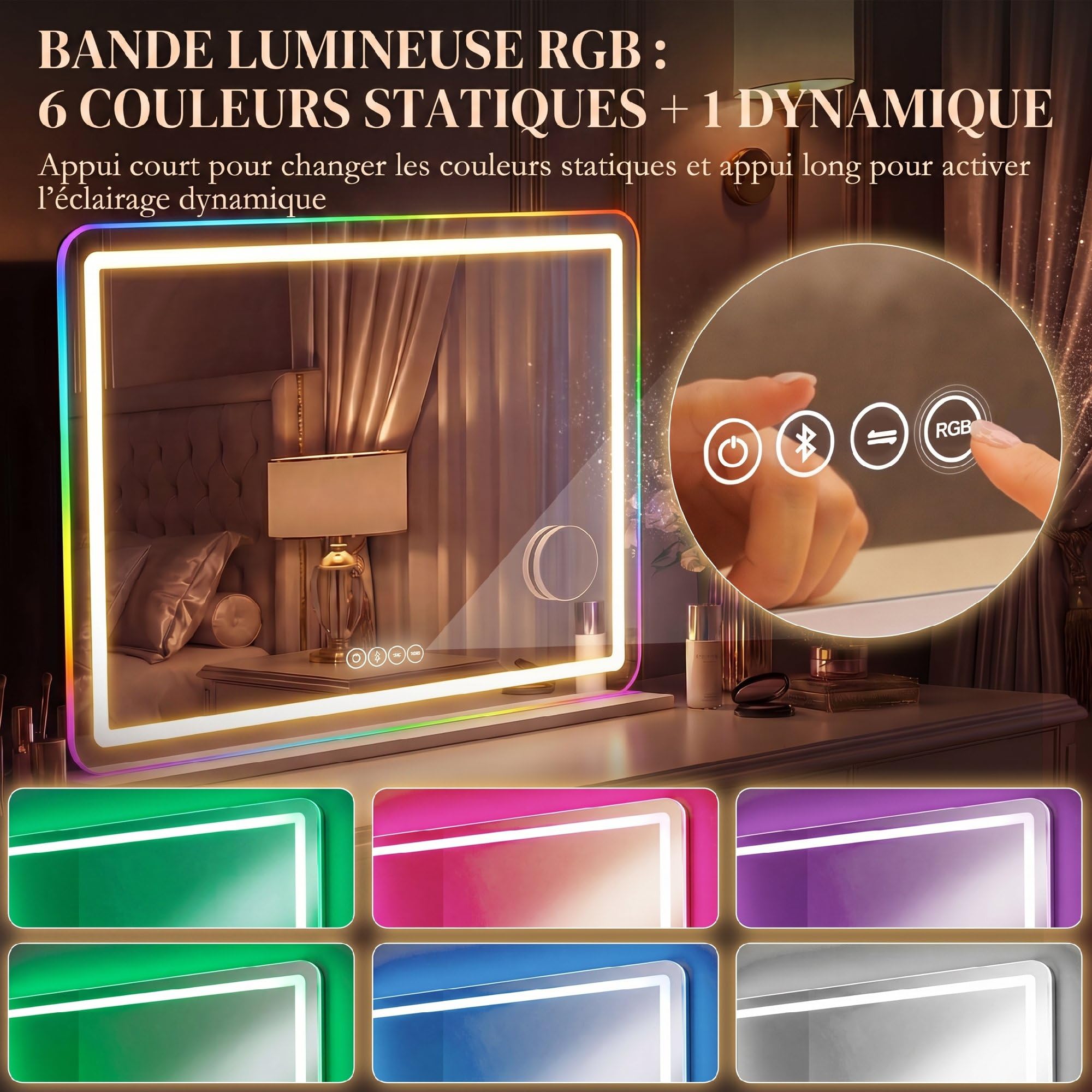 HOMCOM Miroir Maquillage Lumineux 80x60cm, Miroir Coiffeuse LED dimmable, lumière RGB, 3 températures de Couleur, Haut-Parleur Bluetooth, grossissant 10x, contrôle Tactile, sur Table/sur Mur, Blanc