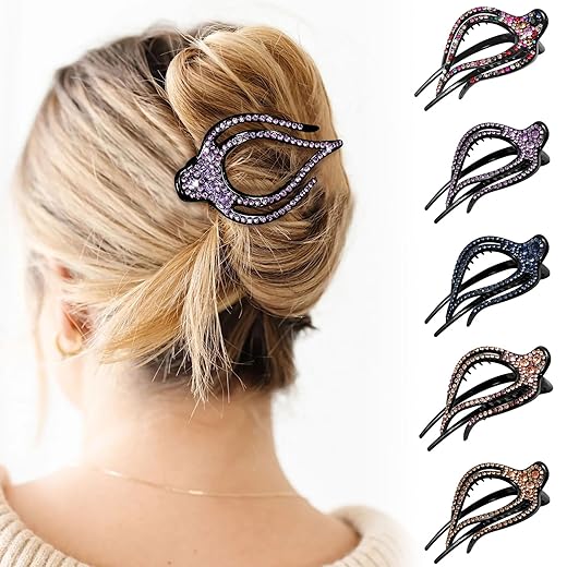 5PCS Rhinestone French Hair Clips for Women Thick Hair No Slip Curved Claw Clips Strong Hold Flat Hair Clip (Curved(Medium,3.74"))