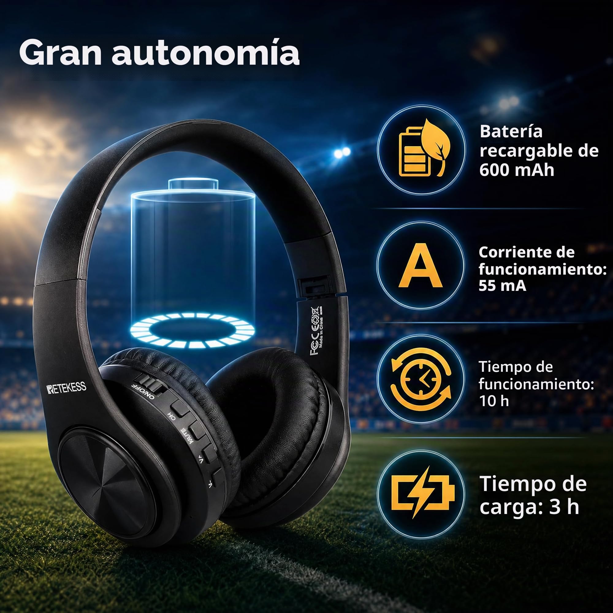 Retekess TA005 Auriculares Inalámbricos para TV,Auriculares TV Inalámbricos,Batería Recargable Integrada,Compatible con Entrada Estéreo,AUX y RCA,Alto Volumen para Personas Mayores