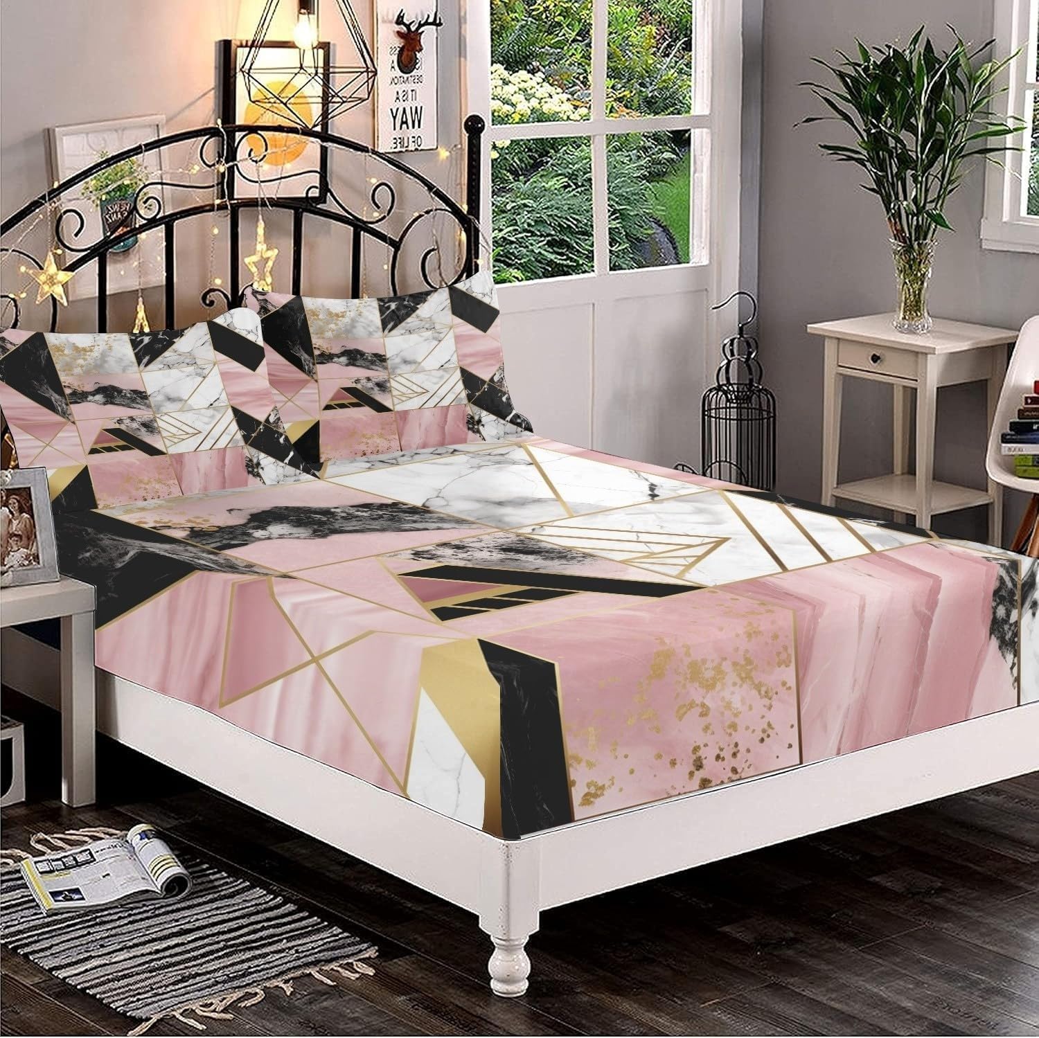 Sabana Bajera 135x190 GeoméTrico Sabanas Bajeras Estampadas Textura De MáRmol Sábana Bajera Ajustable Suaves, Elastico Funda Colchon con 2 Funda Almohada 50x80 cm, para Colchón de 30cm de Altura