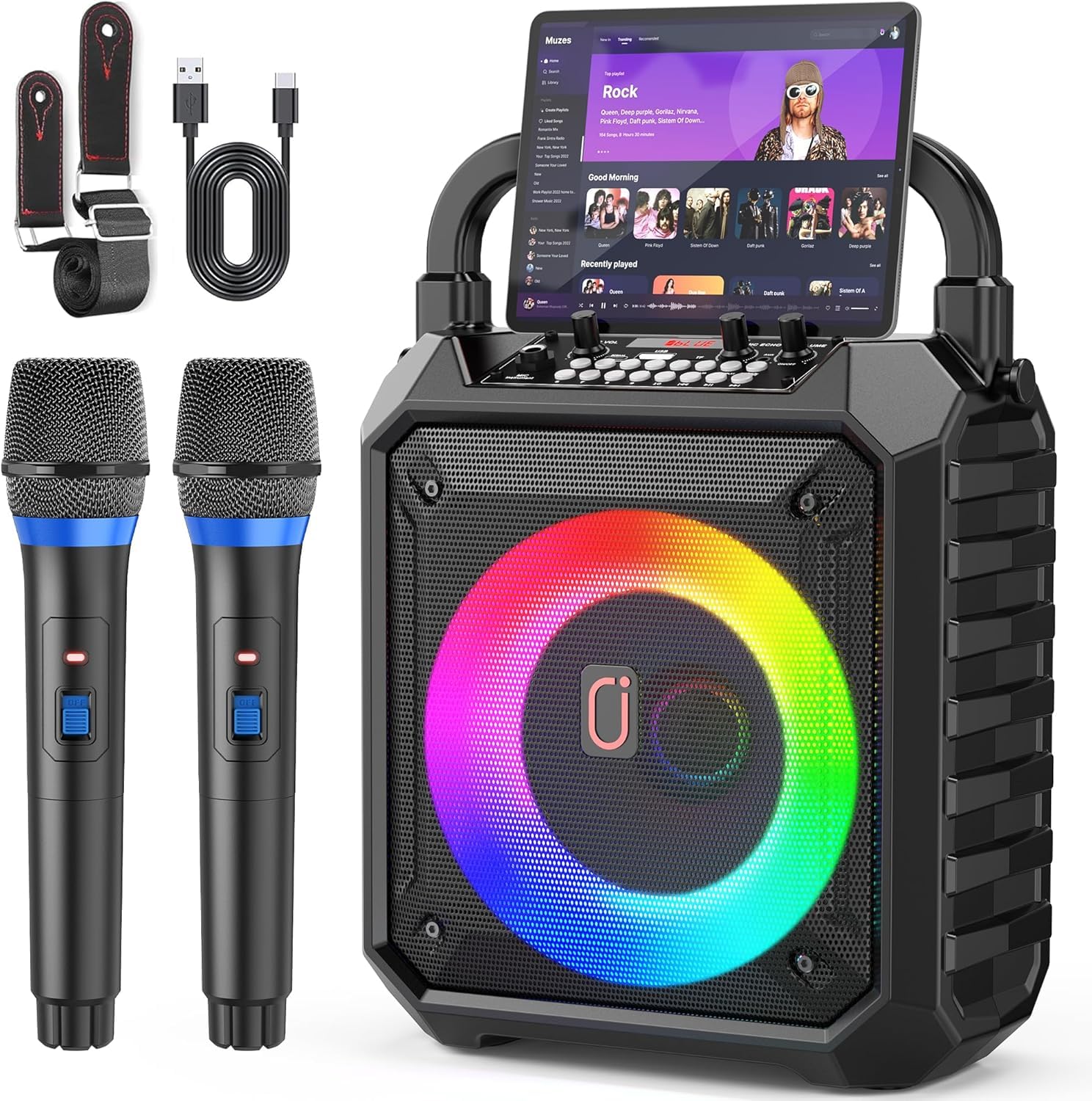 JYX Machine de Karaoké pour Adultes, 80W Enceinte Bluetooth avec 2 Micro sans Fil, Karaoke Complet avec REC/AUX/USB/TF, Équipement de Karaoke Portable pour Fêtes à Domicile/Camping en Plein Air