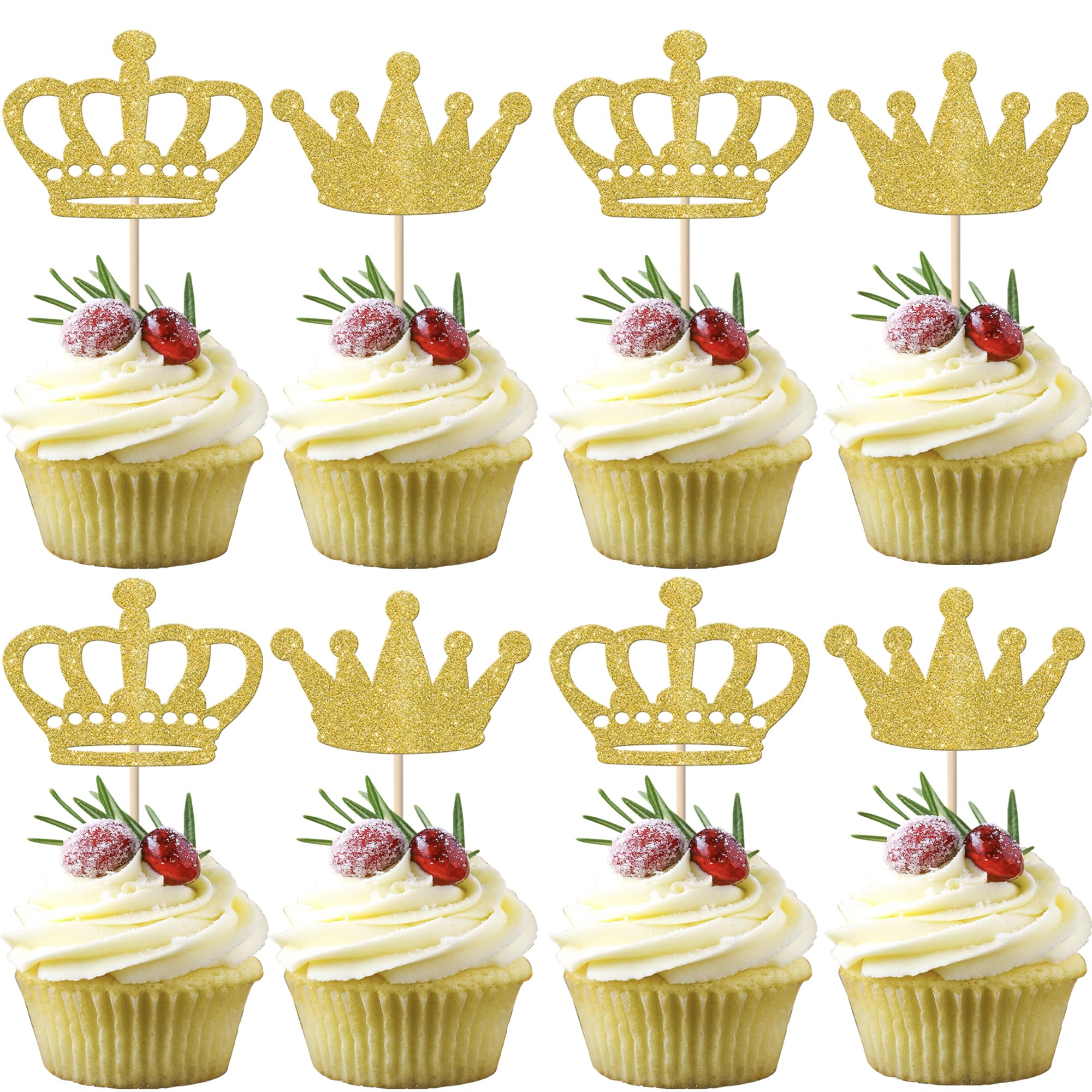 Rsstarxi 24 Pack Crown Cupcake Toppers - Gold Glitter Crown Baby Shower Cake Decorations - King Prince Cupcake Picks for King Prince Theme Birthday Wedding Party Decorations