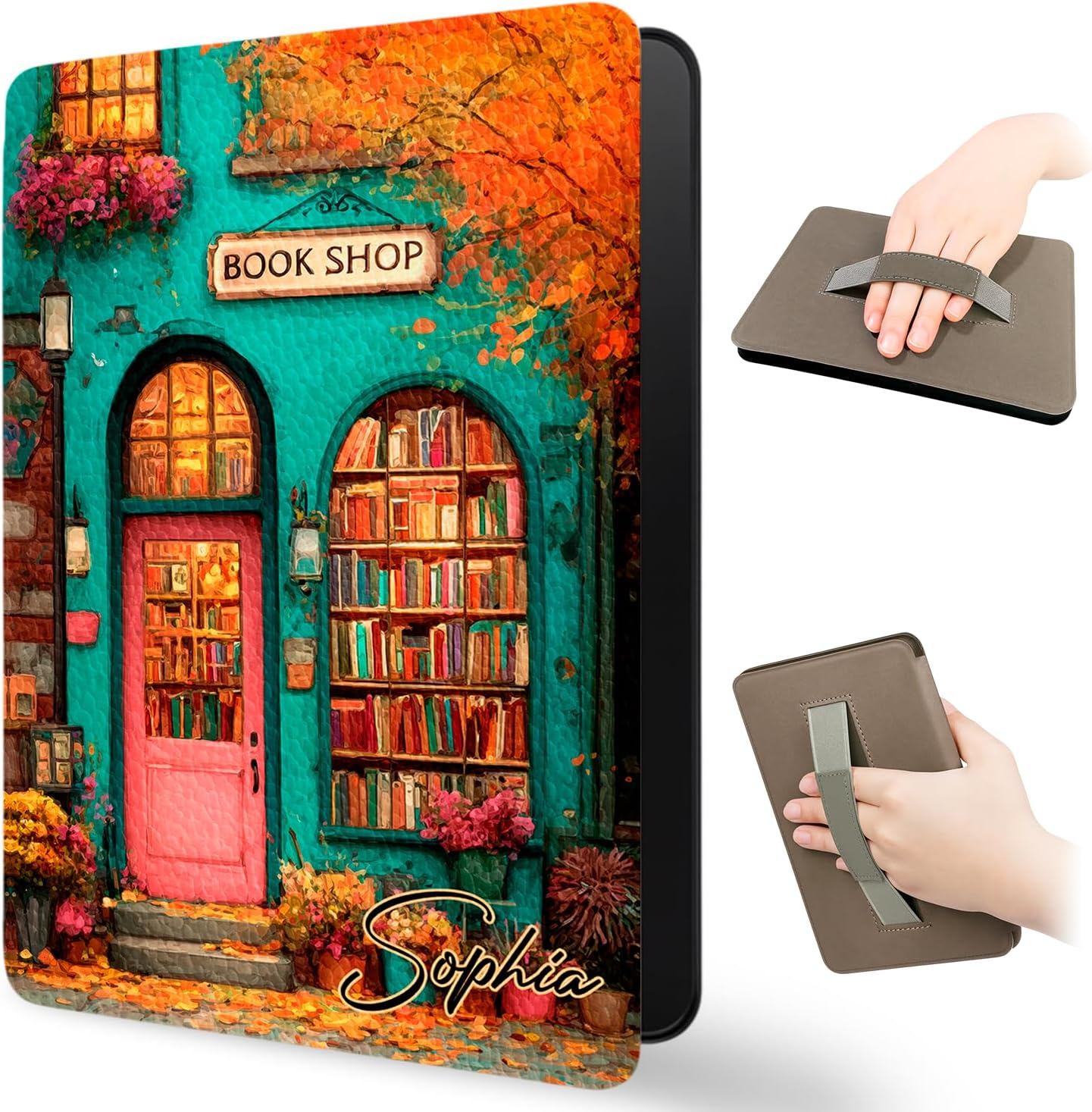 Custom Book Shop Floral Leather E-Reader Case Compatible with Kindle Devices, Lightweight Auto Sleep Wake Protective Cover with Hand Strap, Gift for Her, Book Lovers (D4)
