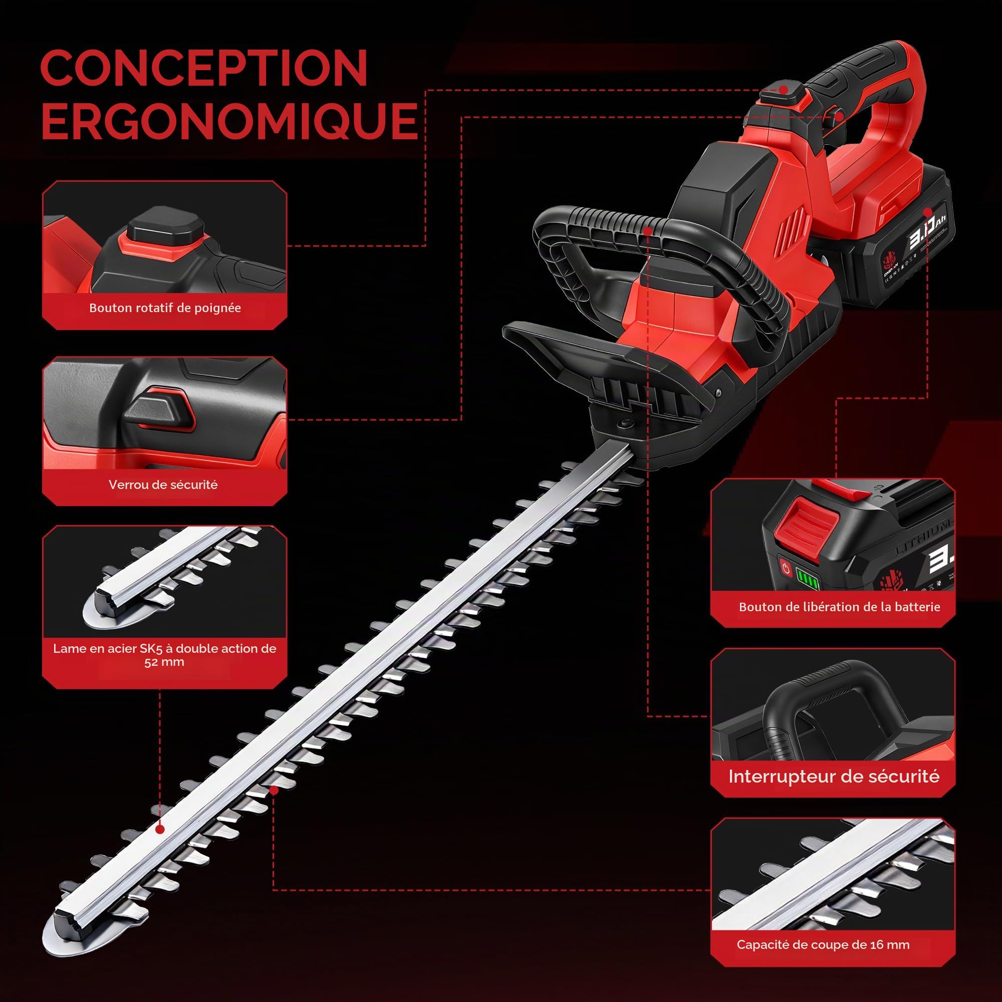 ONEVAN Taille-haie électrique sans fil 180° 52cm Longueur avec 2 batteries