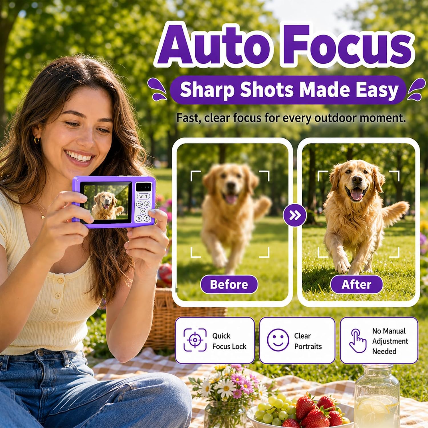 Maxmango D70 4K Underwater Digital Camera - 48MP 10FT Waterproof Camera for Snorkeling - Dual Screen Selfie Compact Floatable Camera with 16GB Card - Autofocus Point and Shoot Digital Camera -Purple