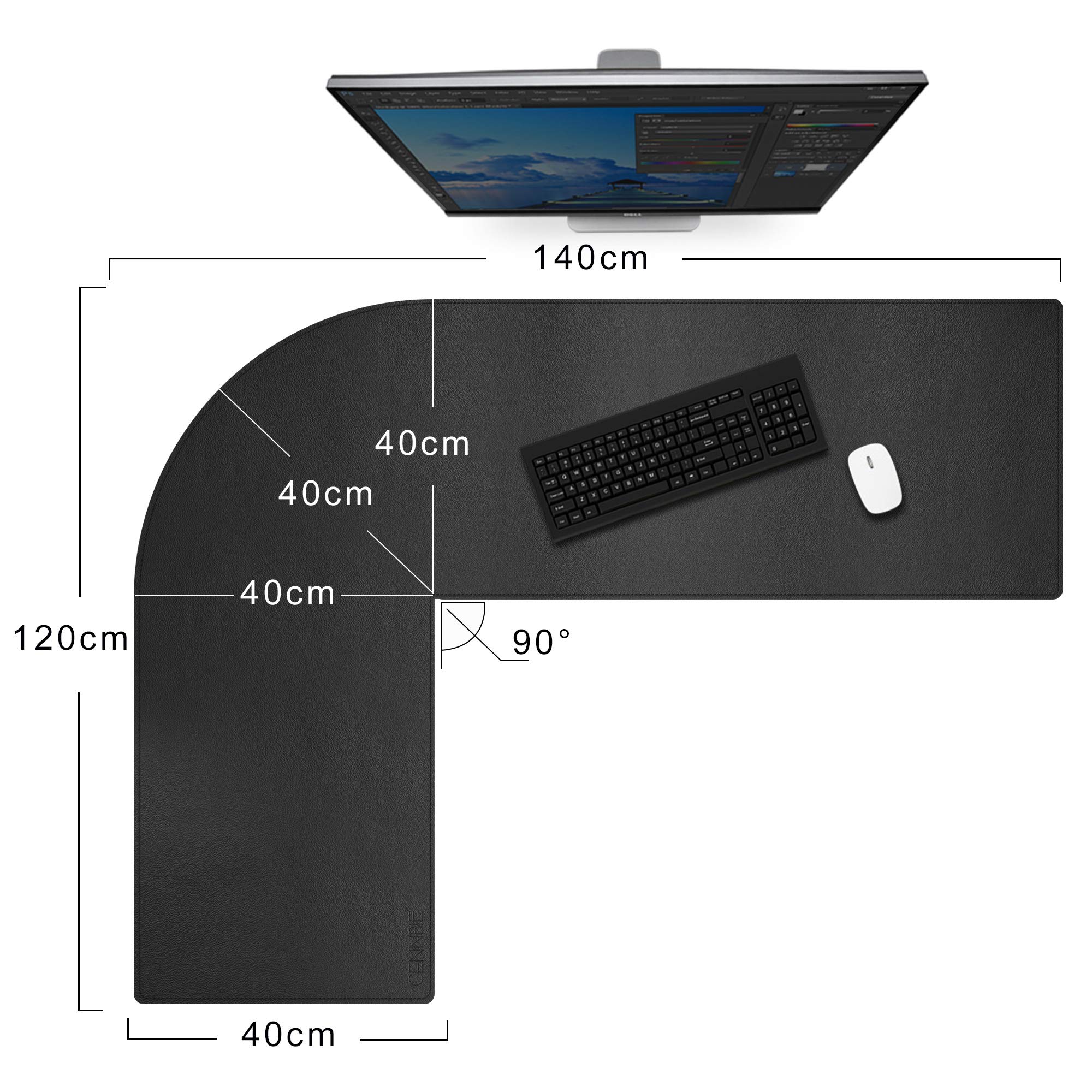 CENNBIE Tapis de bureau en cuir en forme de L,120x140x40cm Tapis de bureau double face en forme de L,énorme Tapis de souris,Sous main bureau imperméable pour le bureau et la maison(noir)
