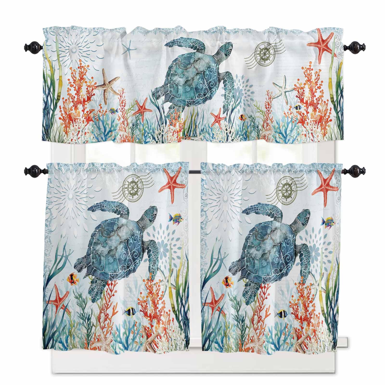 Coastal Turtle Kitchen Curtains 24 Inch Length, 3 Piece Rod Pocket Small Half Tiers and Valance Set, Summer Beach Nautical Coral Starfish Small Large Window Treatment Decor for Bedroom/Bathroom Sink