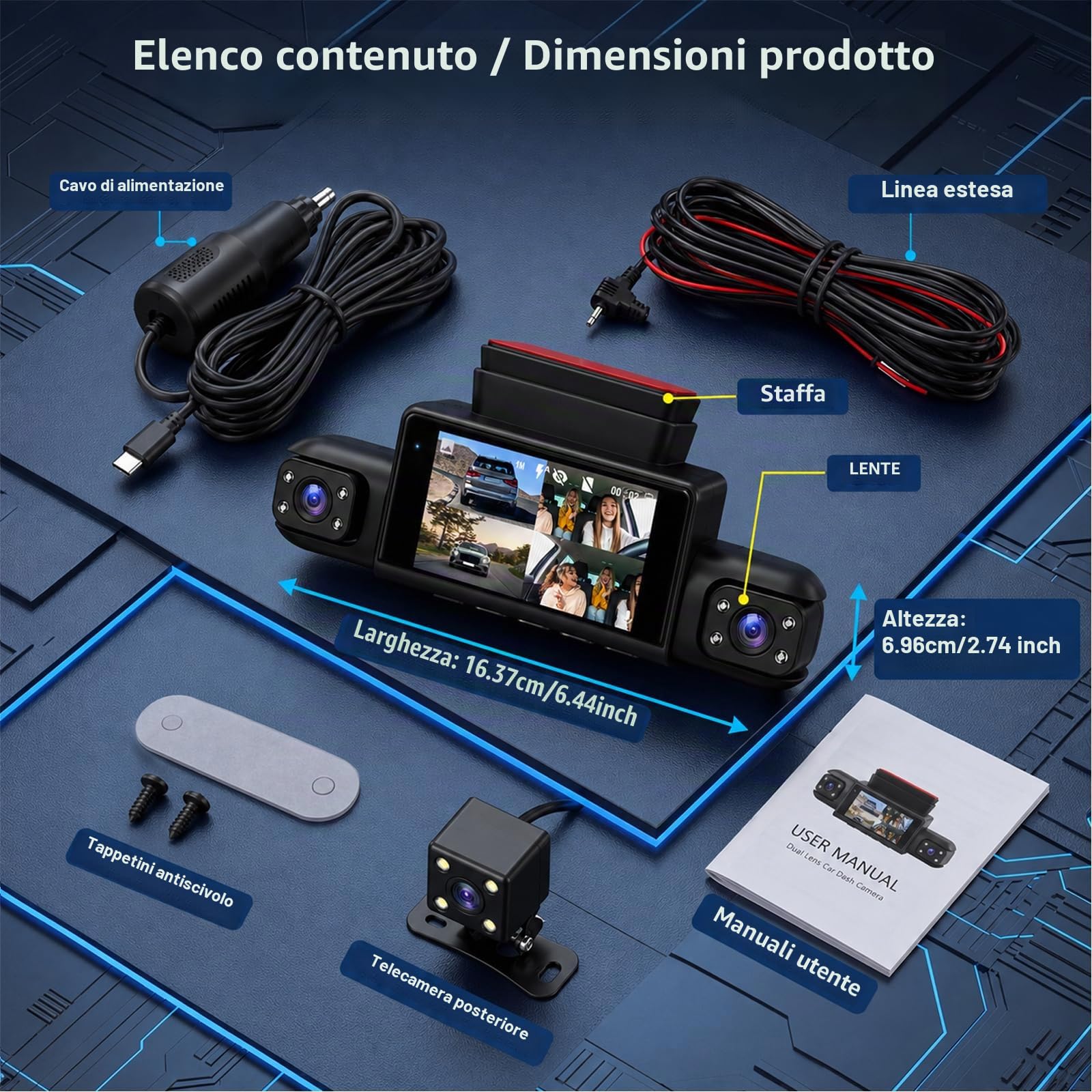 Rimoody 4 Canali 360° Dashcam Auto, 4 Telecamera HD 1080P Anteriore e Posteriore Sinistra Destra, 3 Pollici Schermo IPS Dash Cam con Visione Notturna 8 IR/Loop Video/24H Parcheggio Monitor