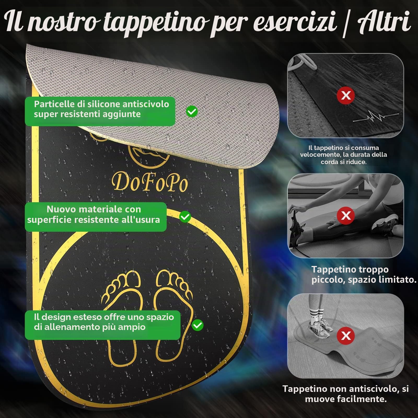 Tappetino per corda per saltare 160 x 68,6 cm, antiscivolo, per interni ed esterni, spessore 7 mm, ad alta densità, per allenamento a casa, palestra, pavimenti in calcestruzzo, corda per saltare