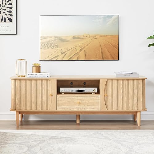 Miniatura 8 de Soporte de TV, mesa consola multimedia con puerta corredera y compartimento de almacenamiento, centro de entretenimiento moderno con almacenamiento