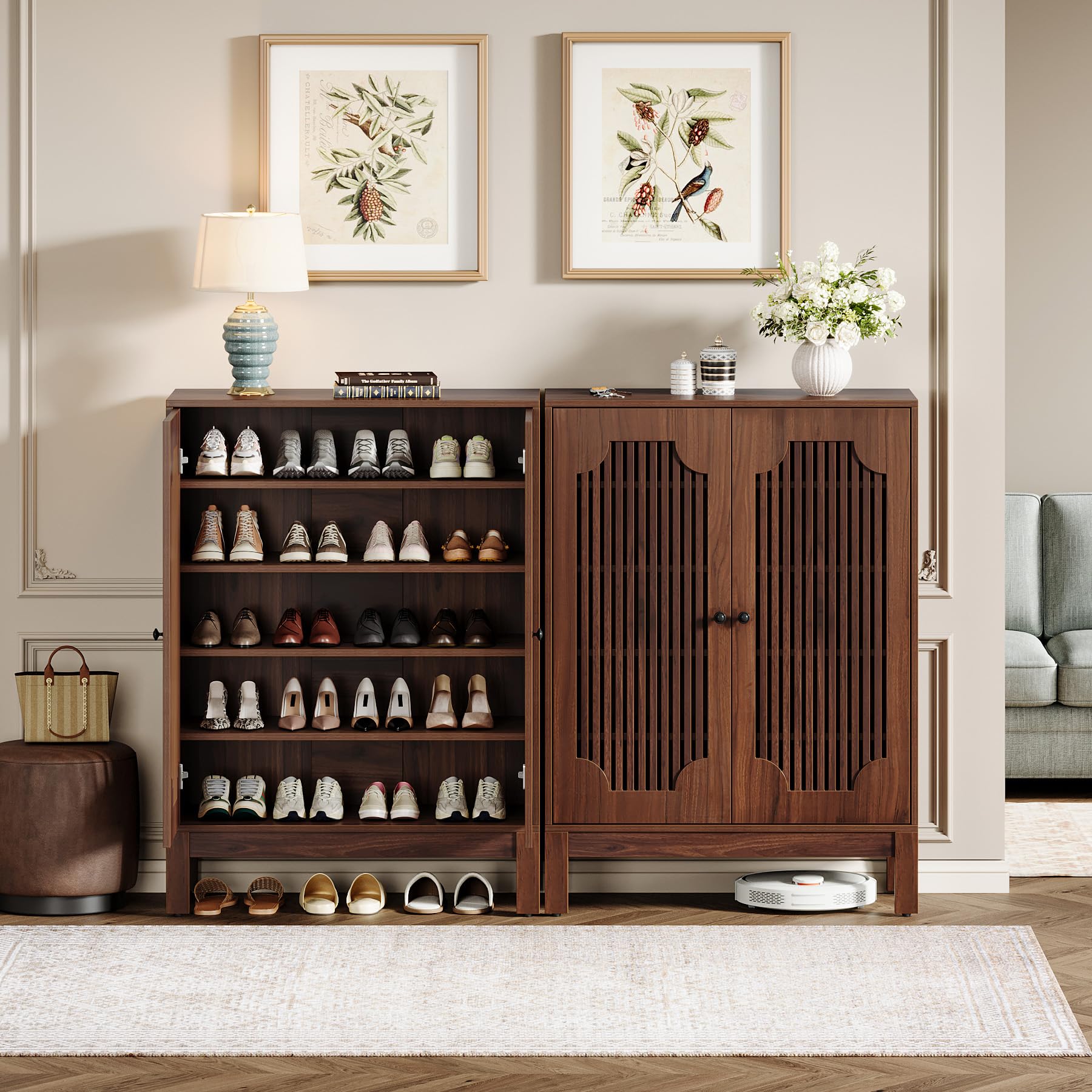 Tribesigns Meuble à Chaussures à 5 Niveaux avec persiennes Portes, 20 Paires Armoire à Chaussures avec étagères réglables, Organiseur de Chaussures en Bois pour entrée, Salon, Couloir, Noyer (Marron)