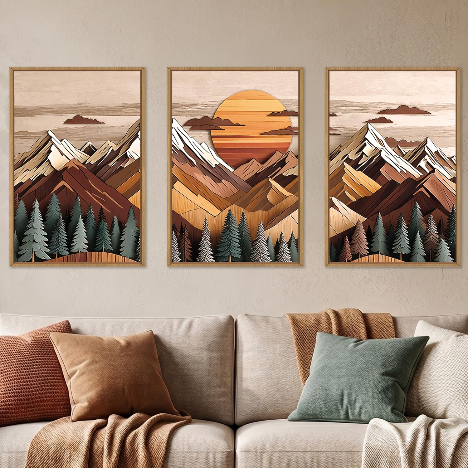 KAIRNE Woodcut Mountain Landscape Framed Canvas Wall Art Set-24"x36"x3